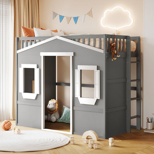 Gray wooden playhouse loft bed with ladder