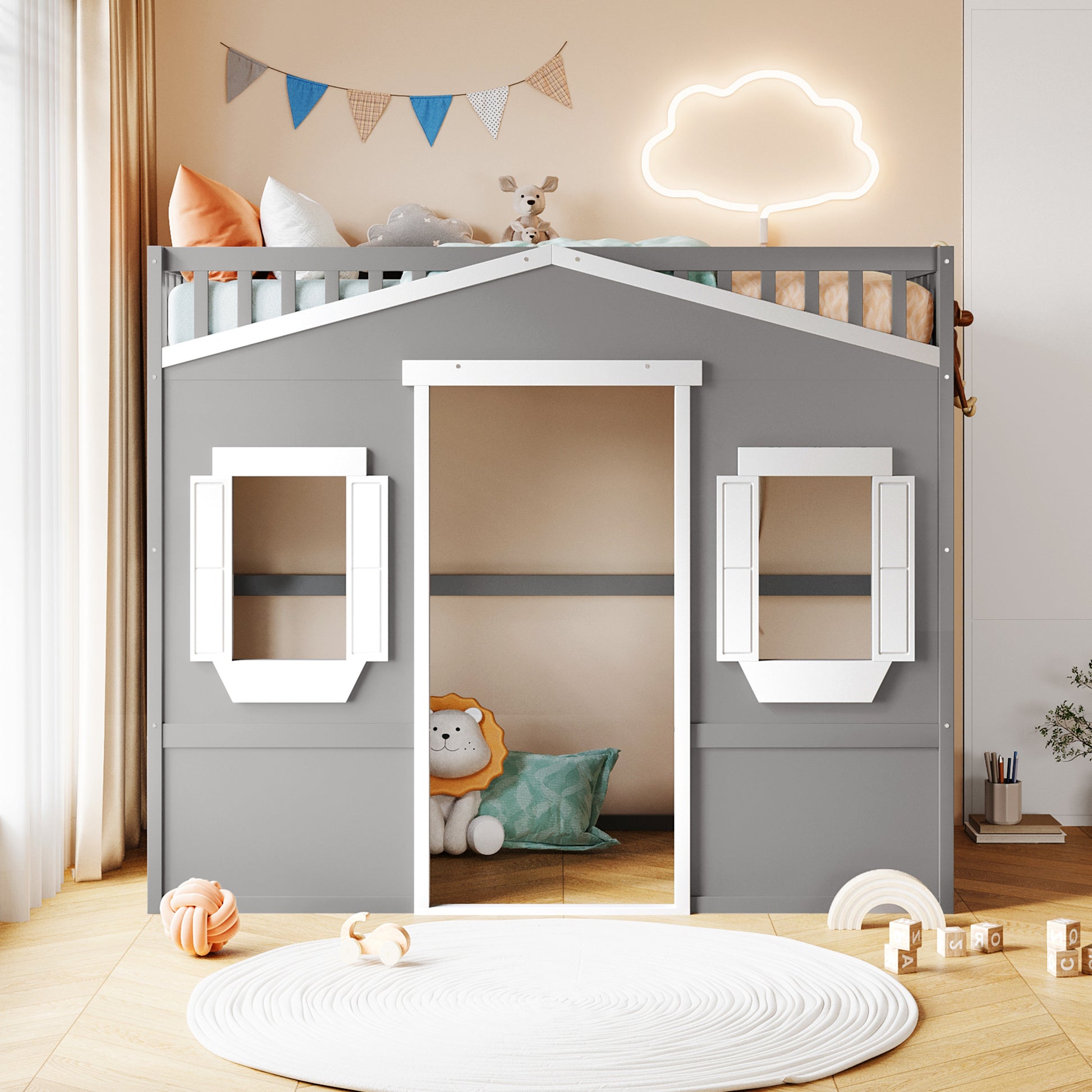 Gray wooden loft bed with houseshaped facade and white shutters