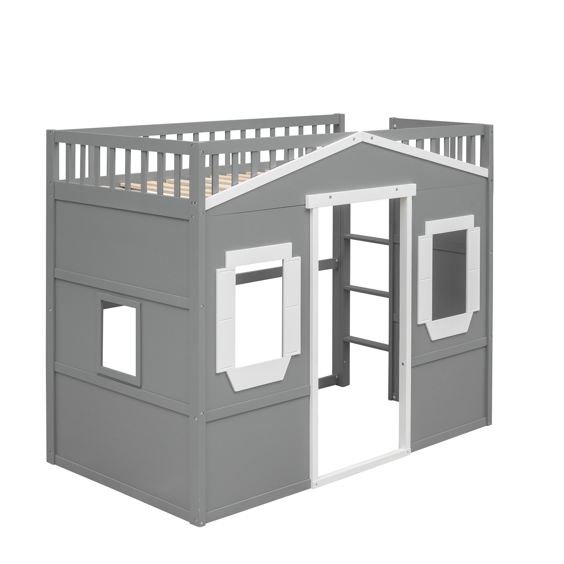 Gray wooden toddler bed designed as a house with white accents and guardrails