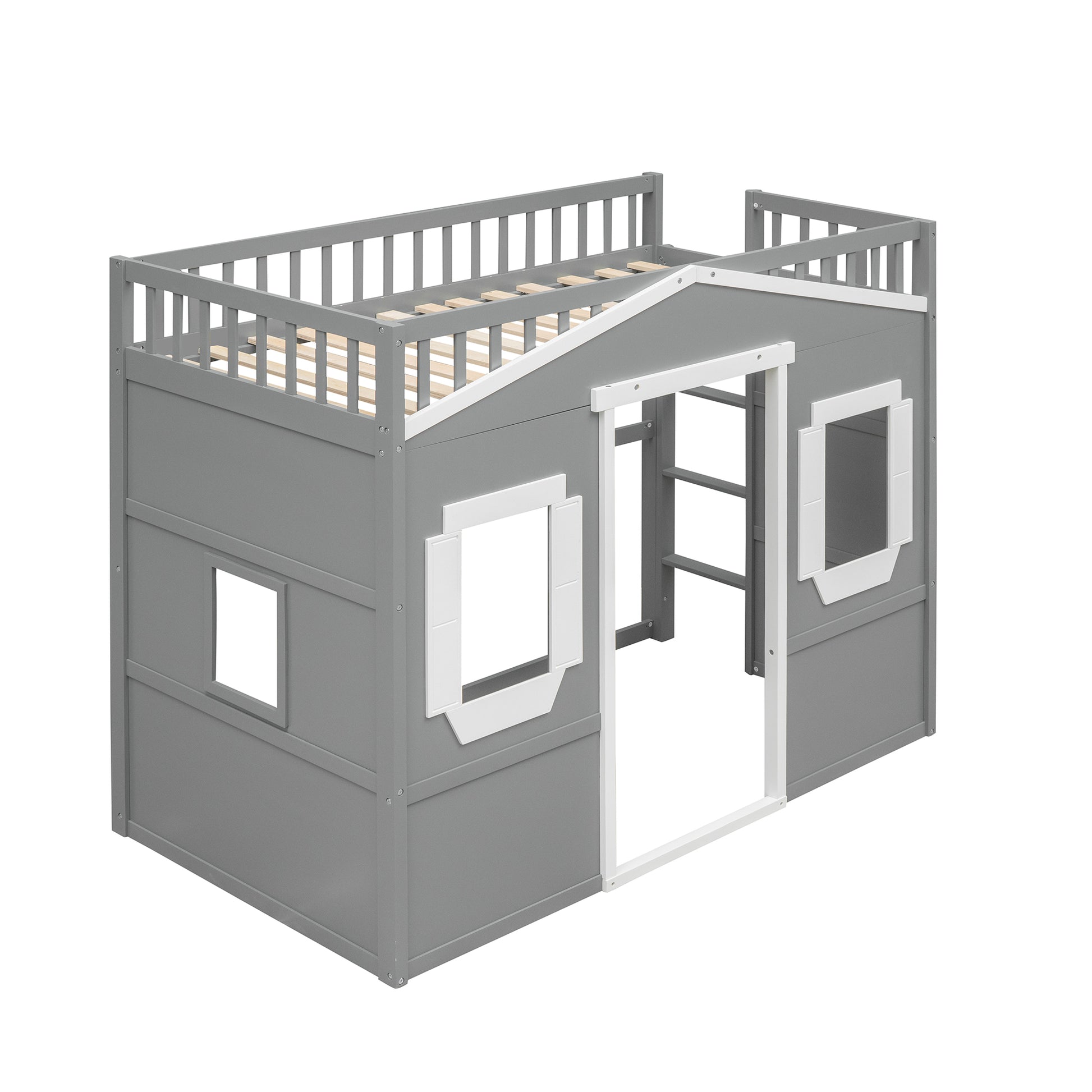 Grey wooden kids loft bed with houseshaped frame and safety rails