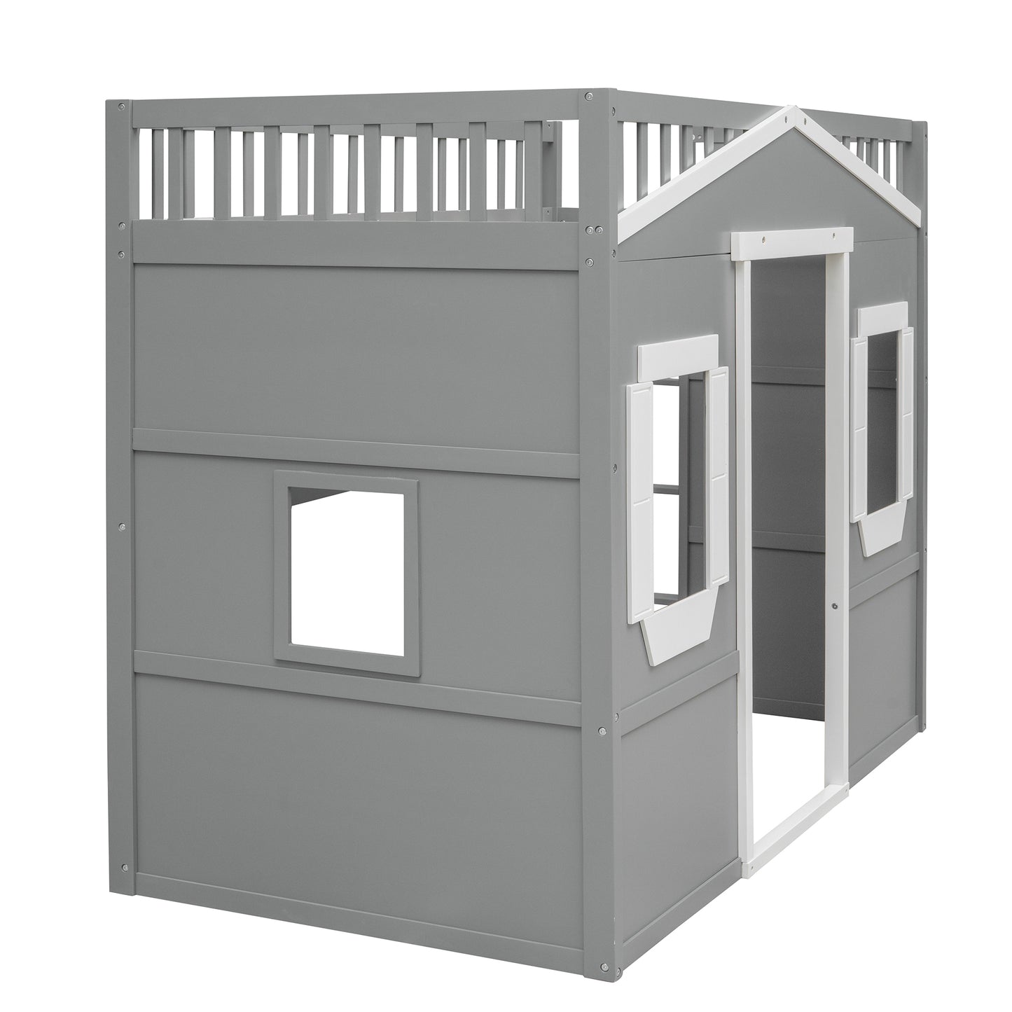 Gray wooden playhouse bed with white trim and railing