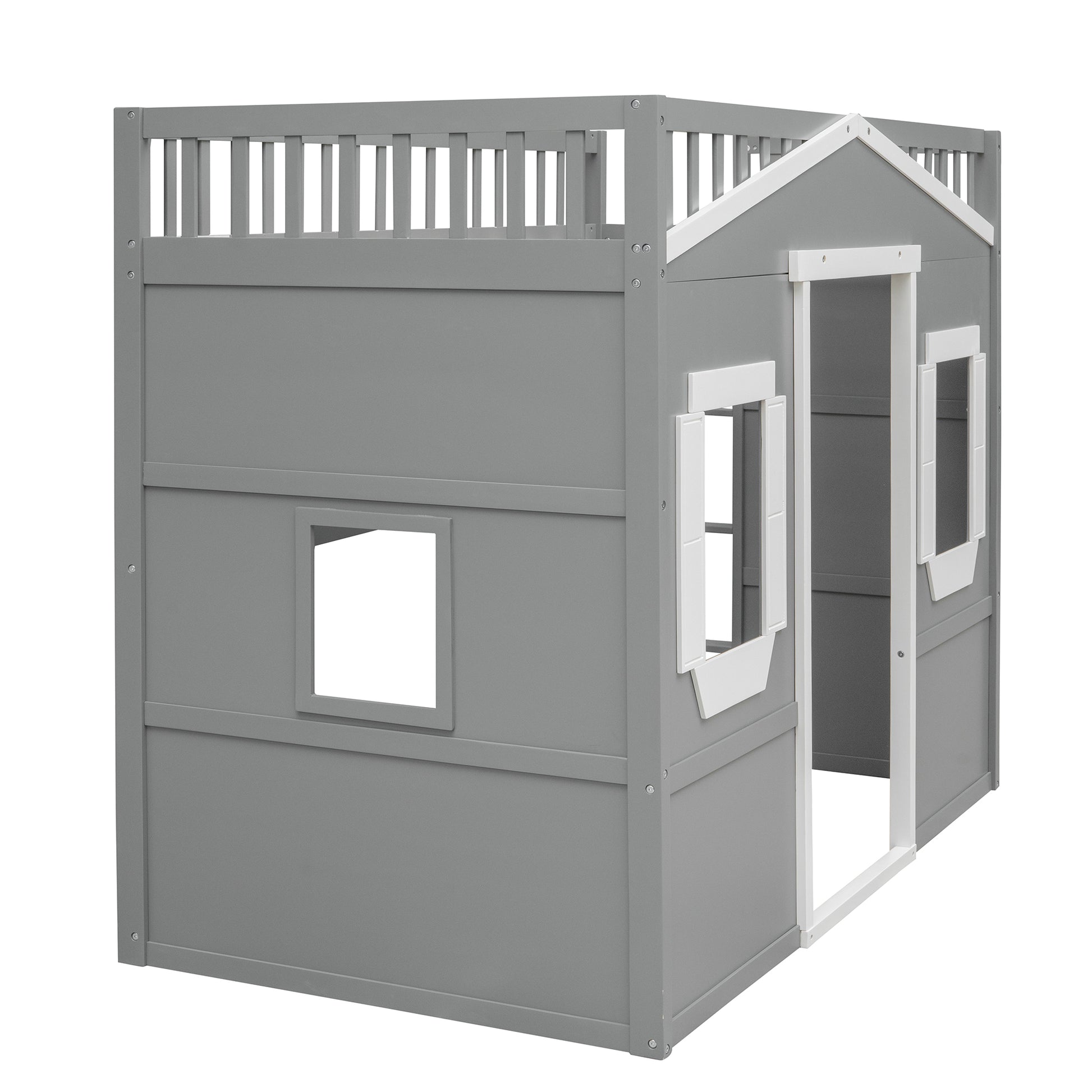 Gray wooden playhouse bed with white trim and railing