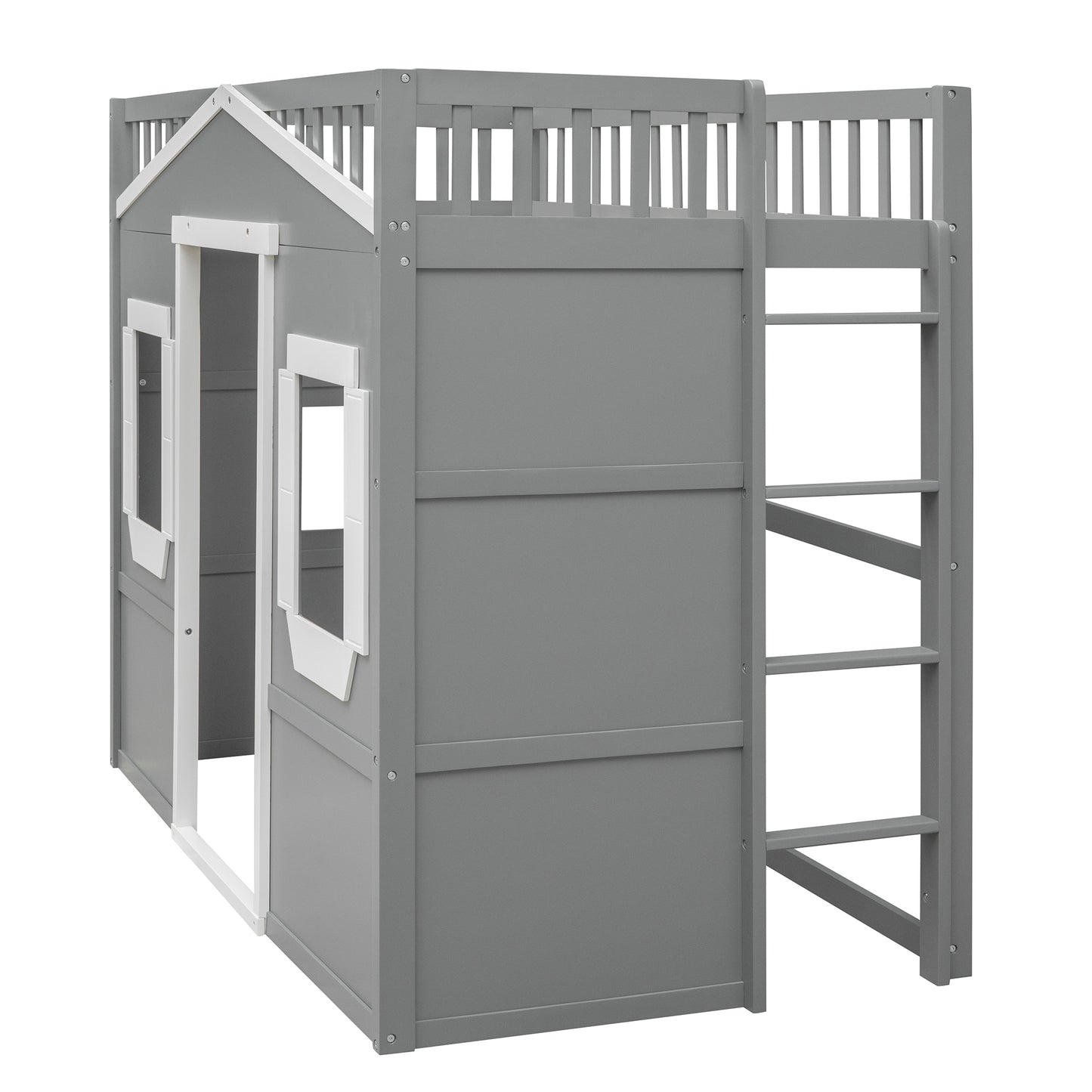 Gray wooden loft bed with house design and ladder