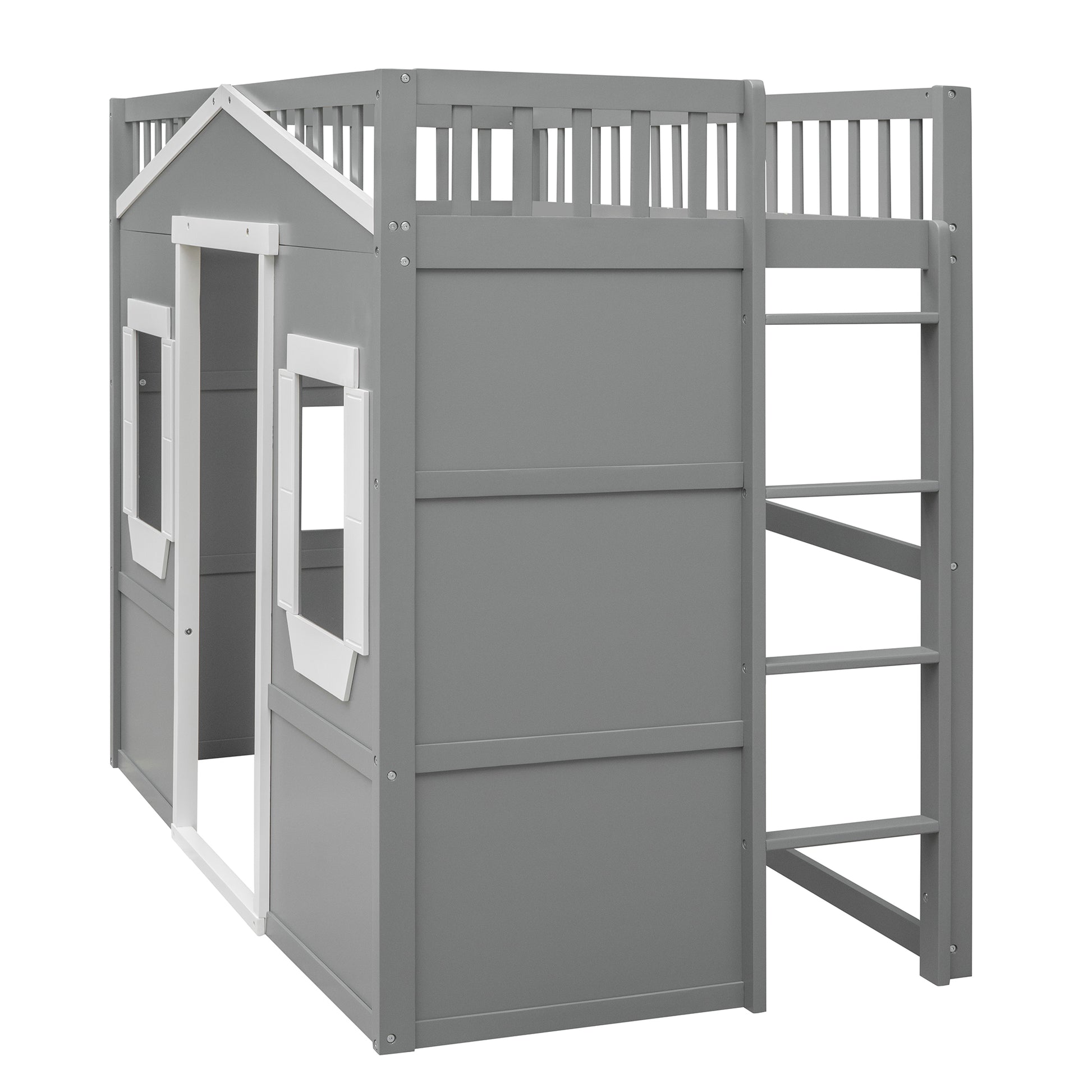 Gray wooden loft bed with house design and ladder