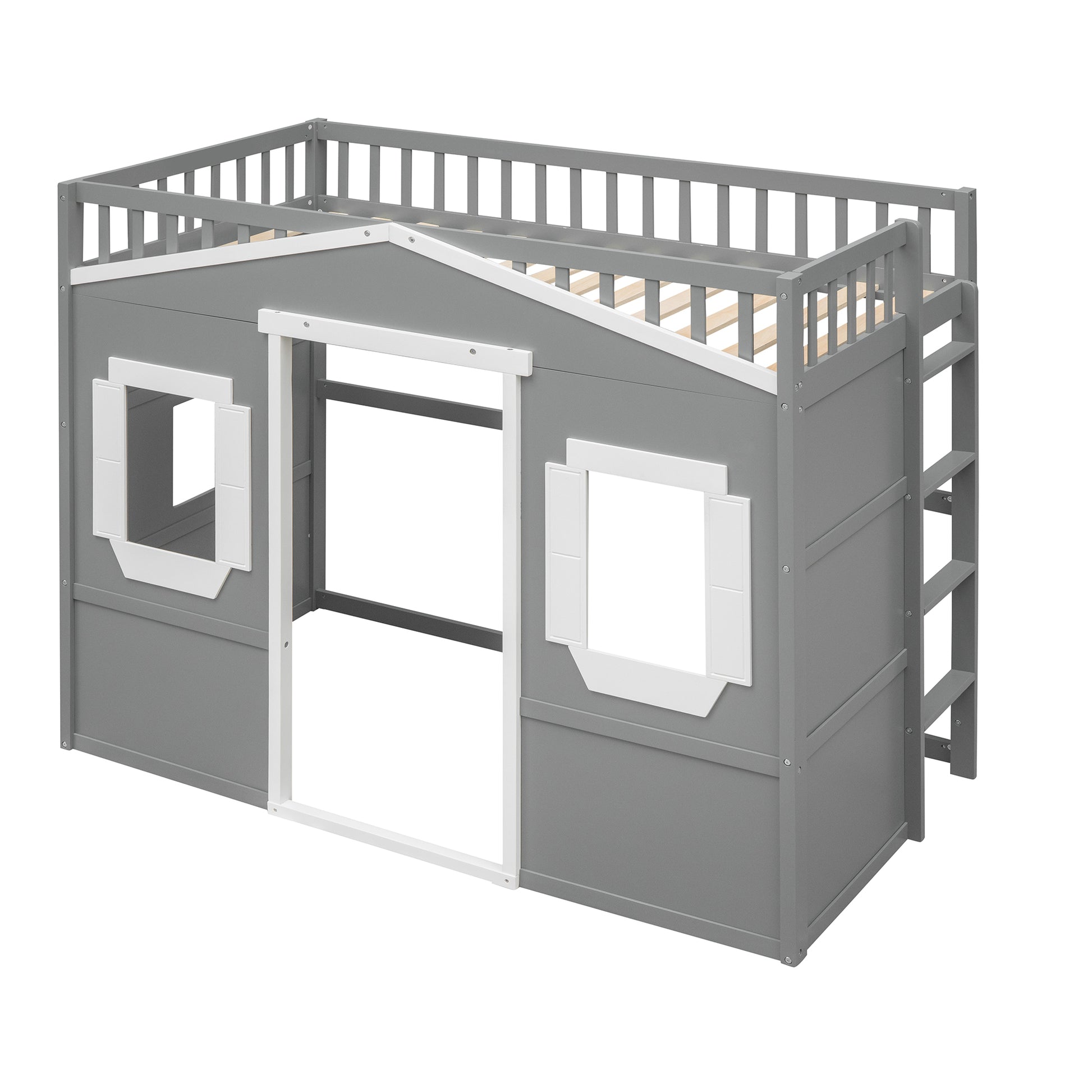 Gray wooden playhouse loft bed with white trim and ladder