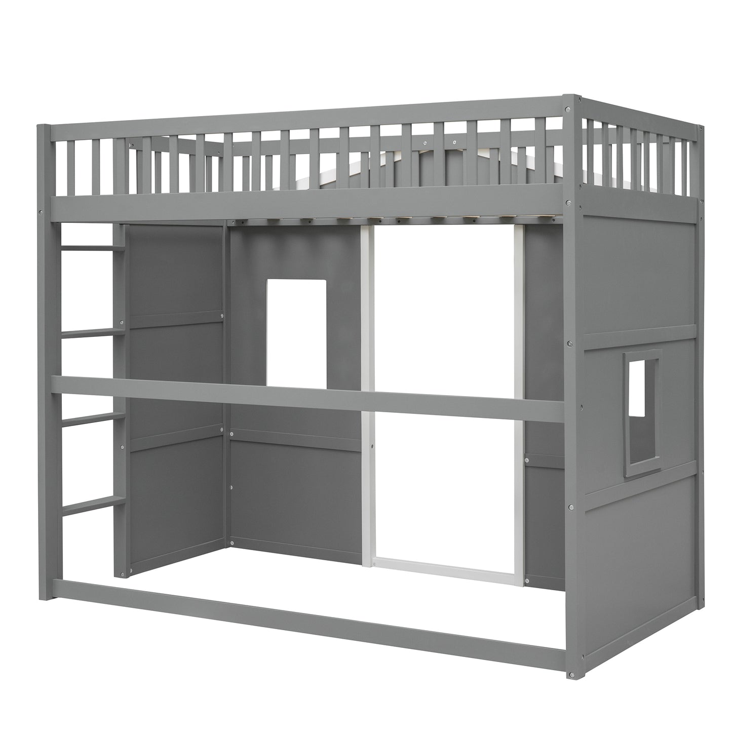 Gray wooden loft bed with ladder and two windows