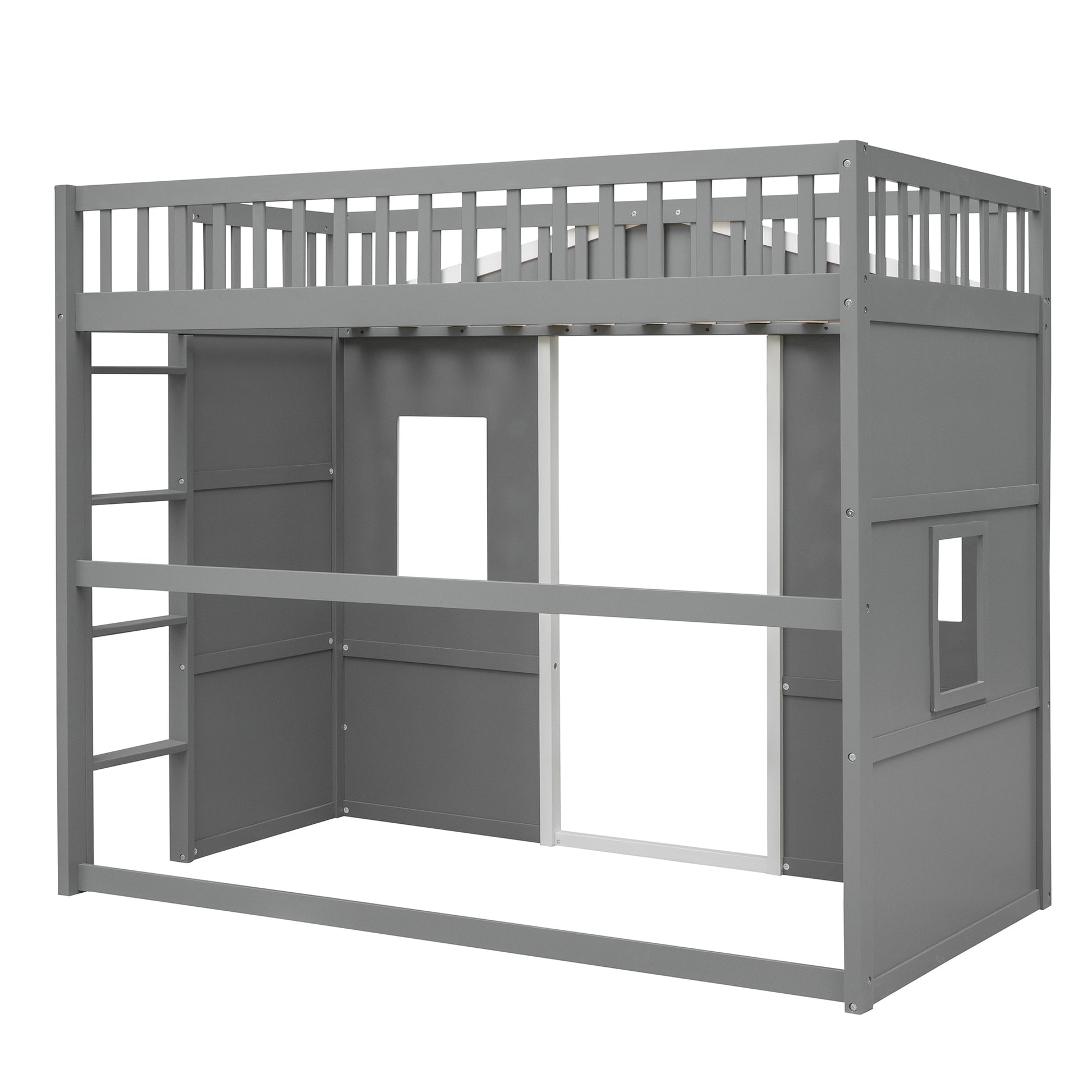 Gray wooden loft bed with ladder and two windows
