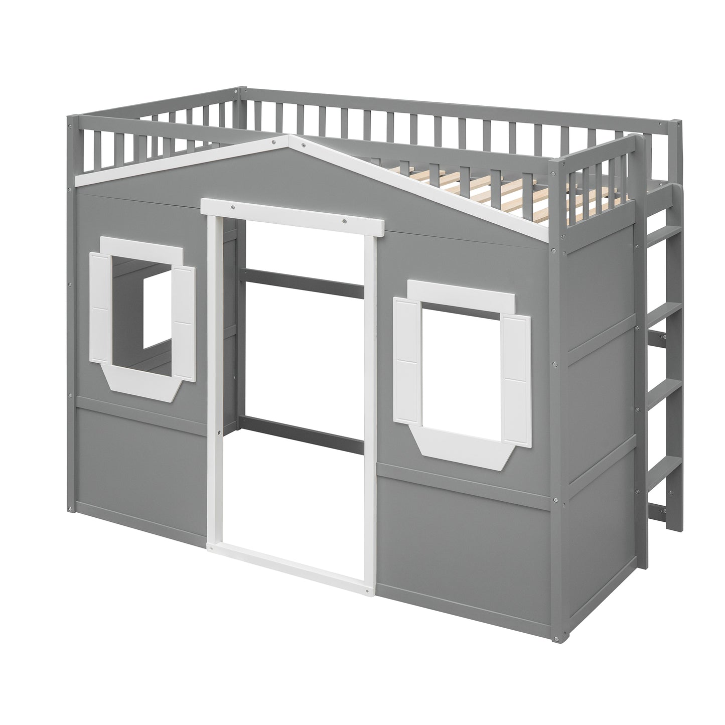Grey wooden loft bed with houseshaped frame and white accents