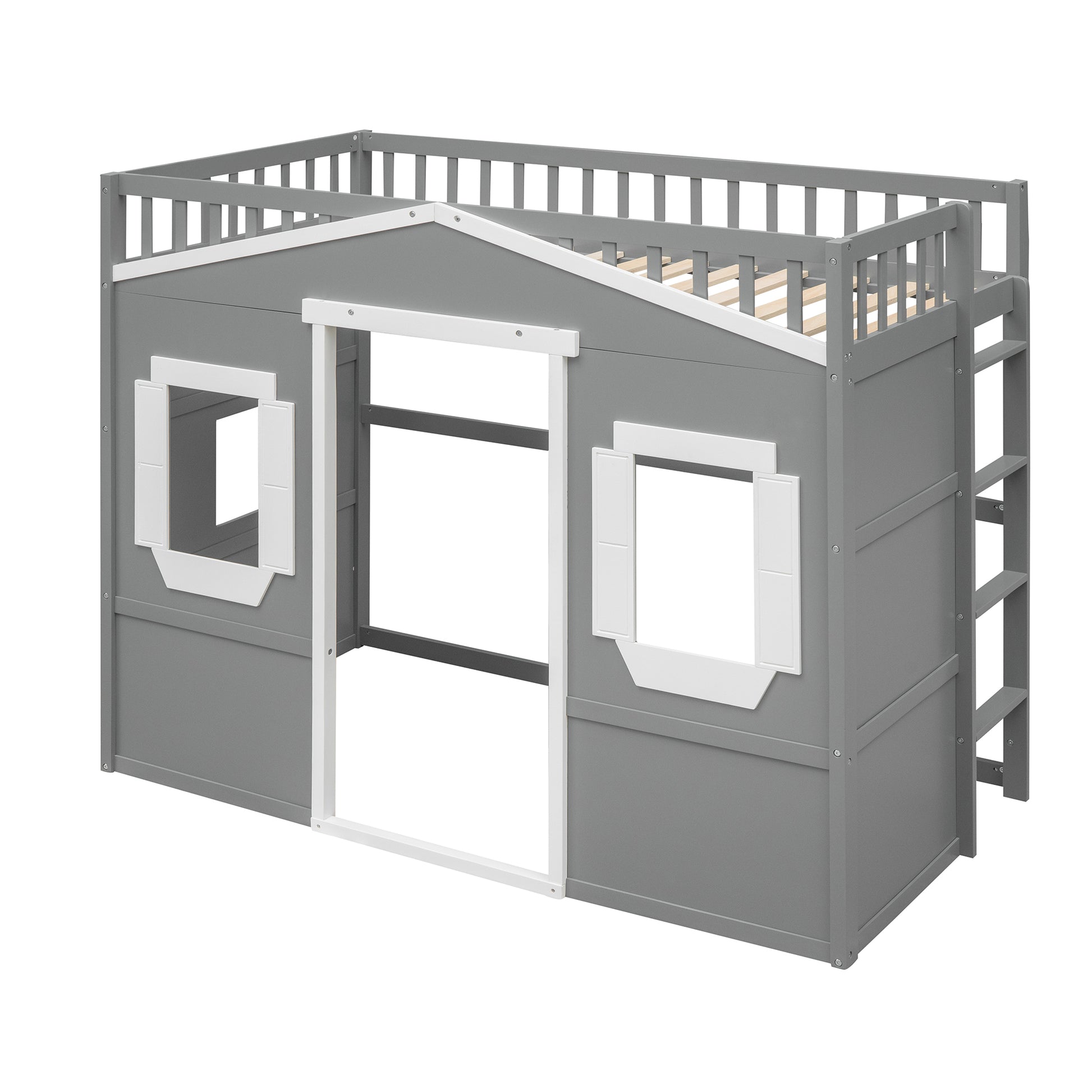 Grey wooden loft bed with houseshaped frame and white accents
