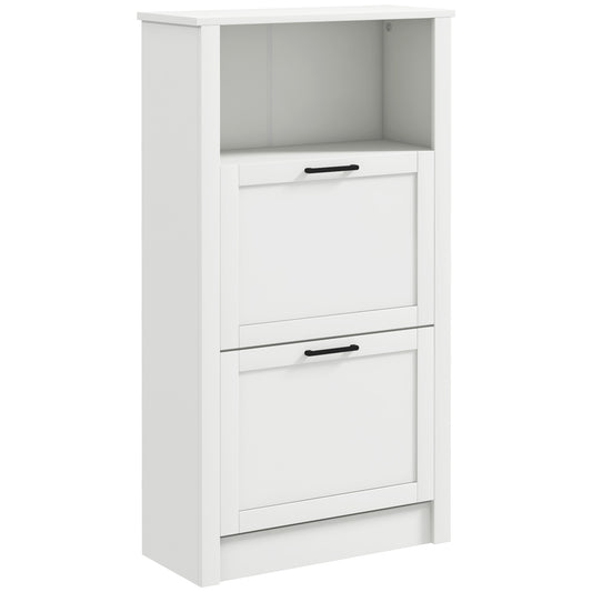 Modern white twodrawer shoe cabinet with open top shelf