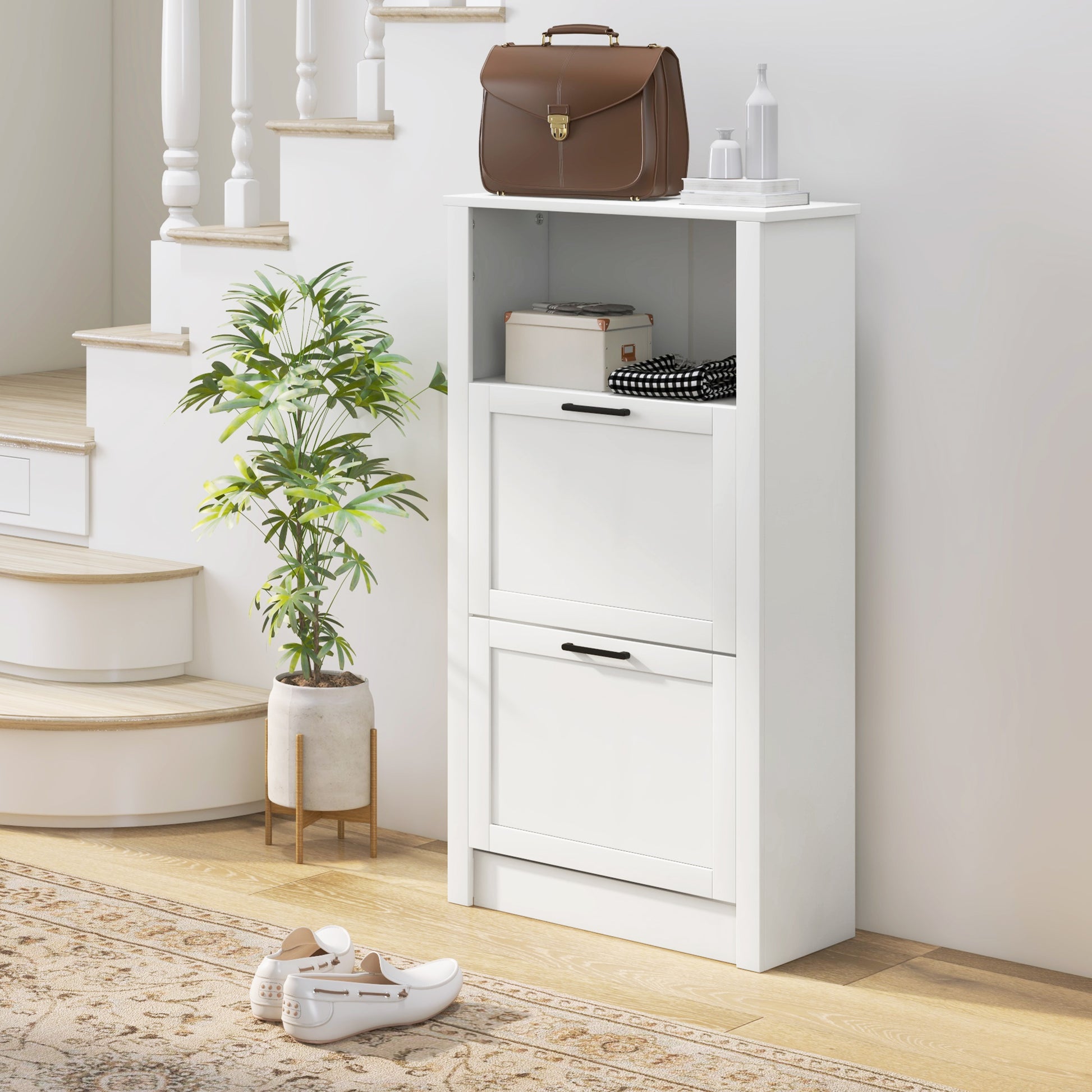 White wooden shoe cabinet with two flipout drawers and a top shelf