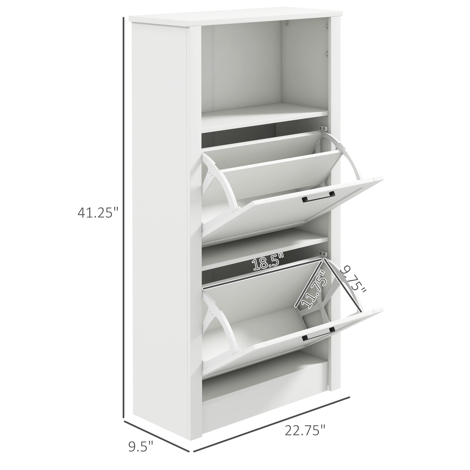 White narrow shoe cabinet with three flipout drawers