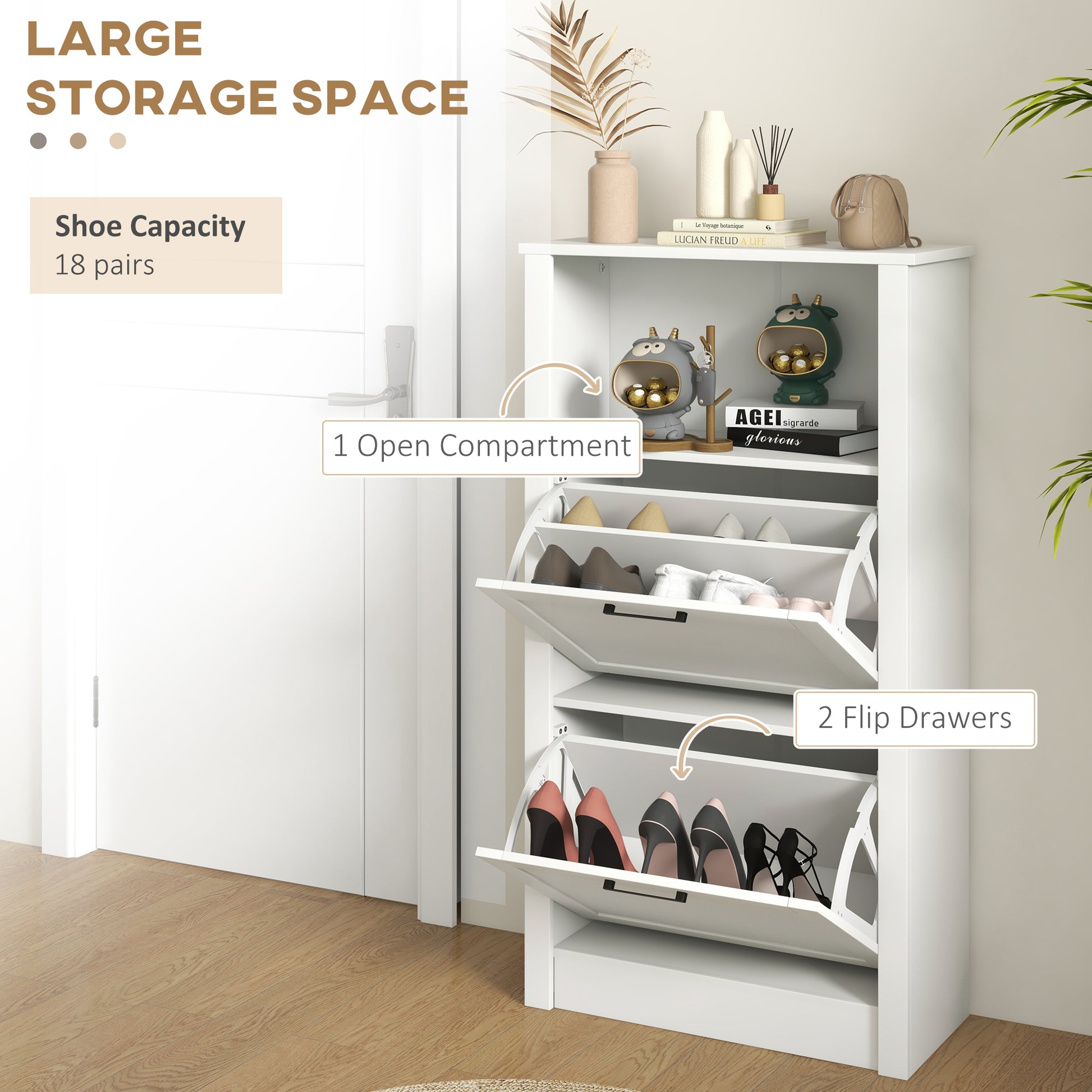 White entryway shoe cabinet with  open compartment and  flip drawers
