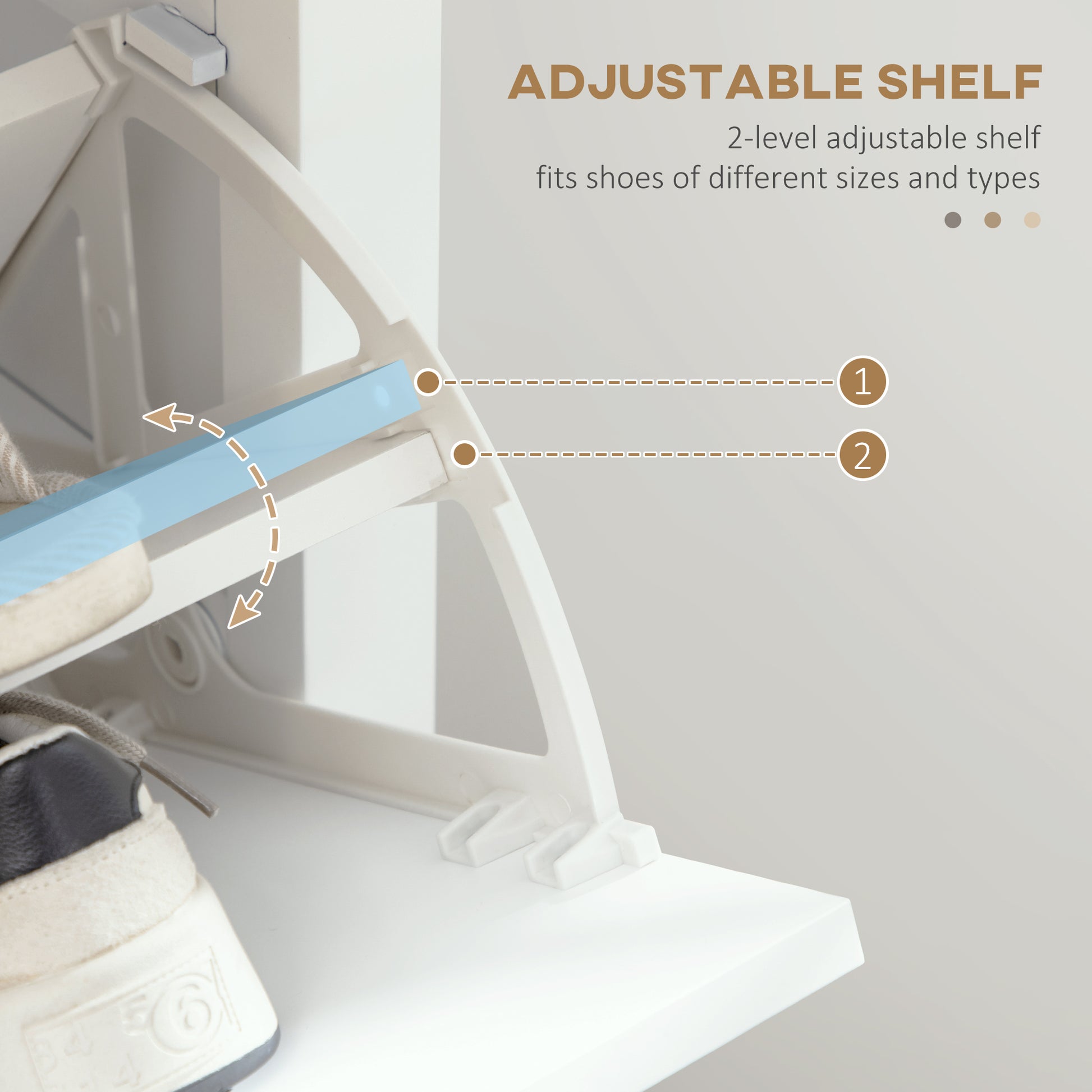 White plastic shoe rack with adjustable shelves holding sneakers