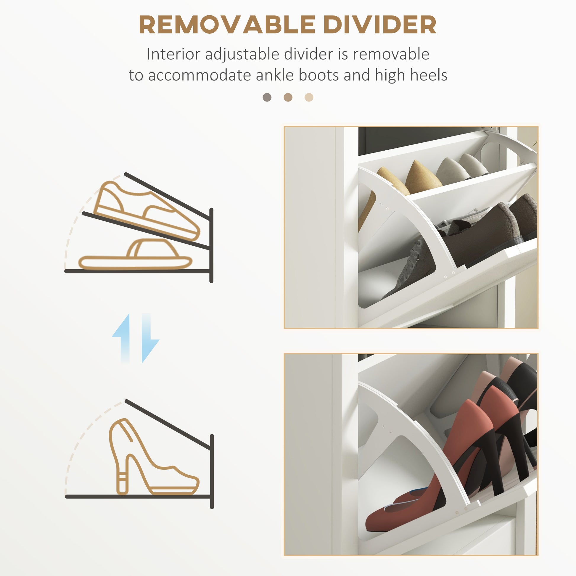 White shoe cabinet with adjustable divider storing flat shoes