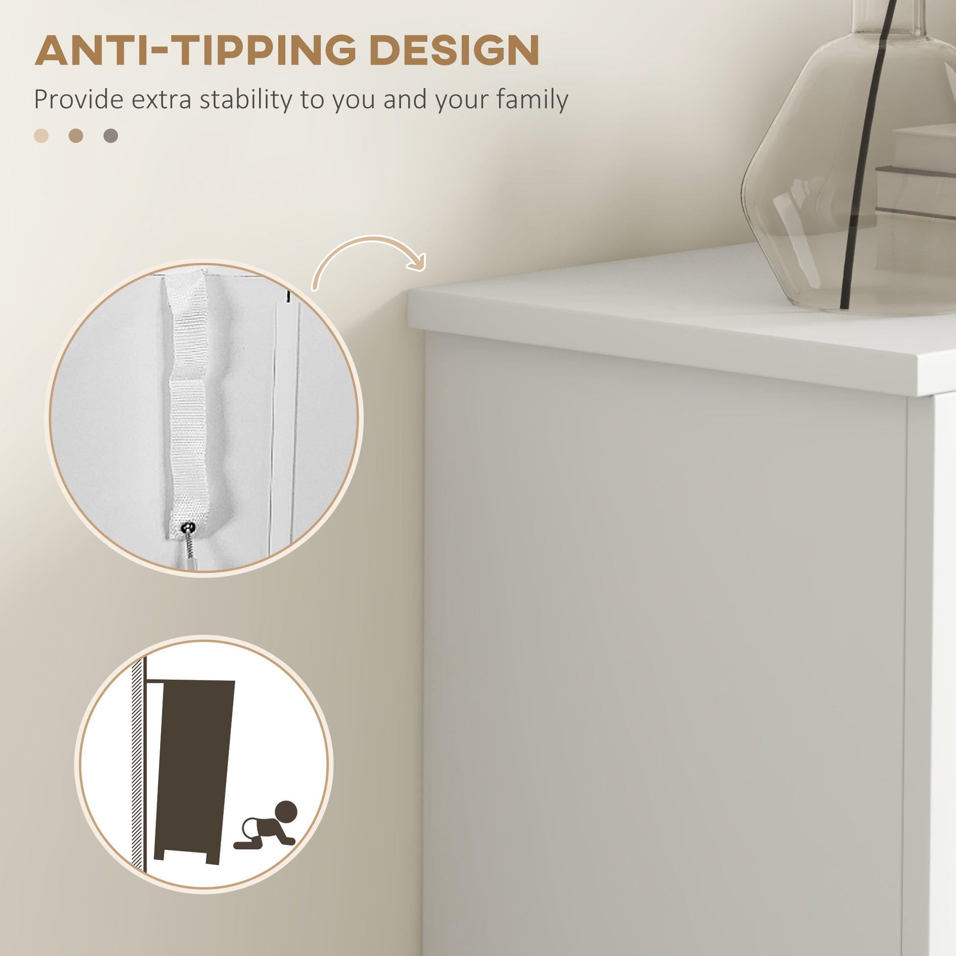 White furniture antitipping strap secured to wall