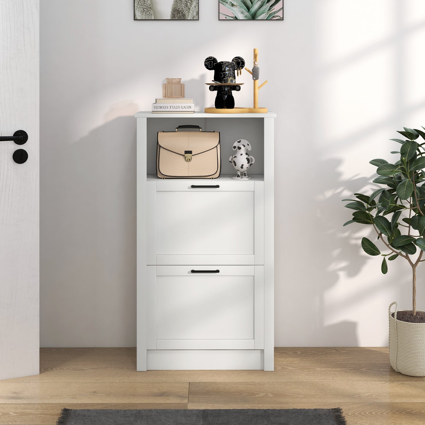 White twodrawer shoe cabinet with a top shelf displaying accessories