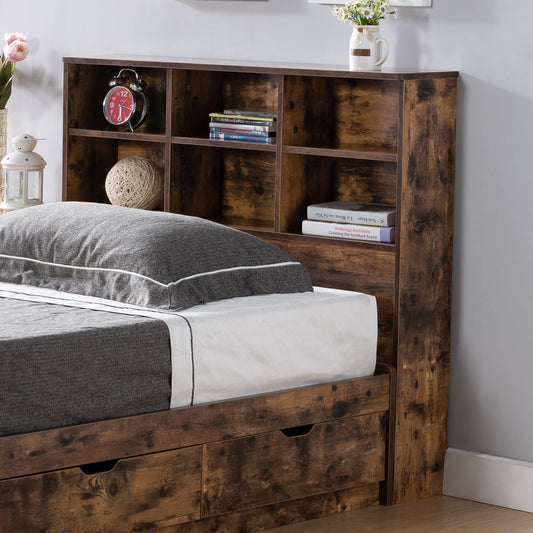 Rustic brown wood bookshelf headboard with storage shelves