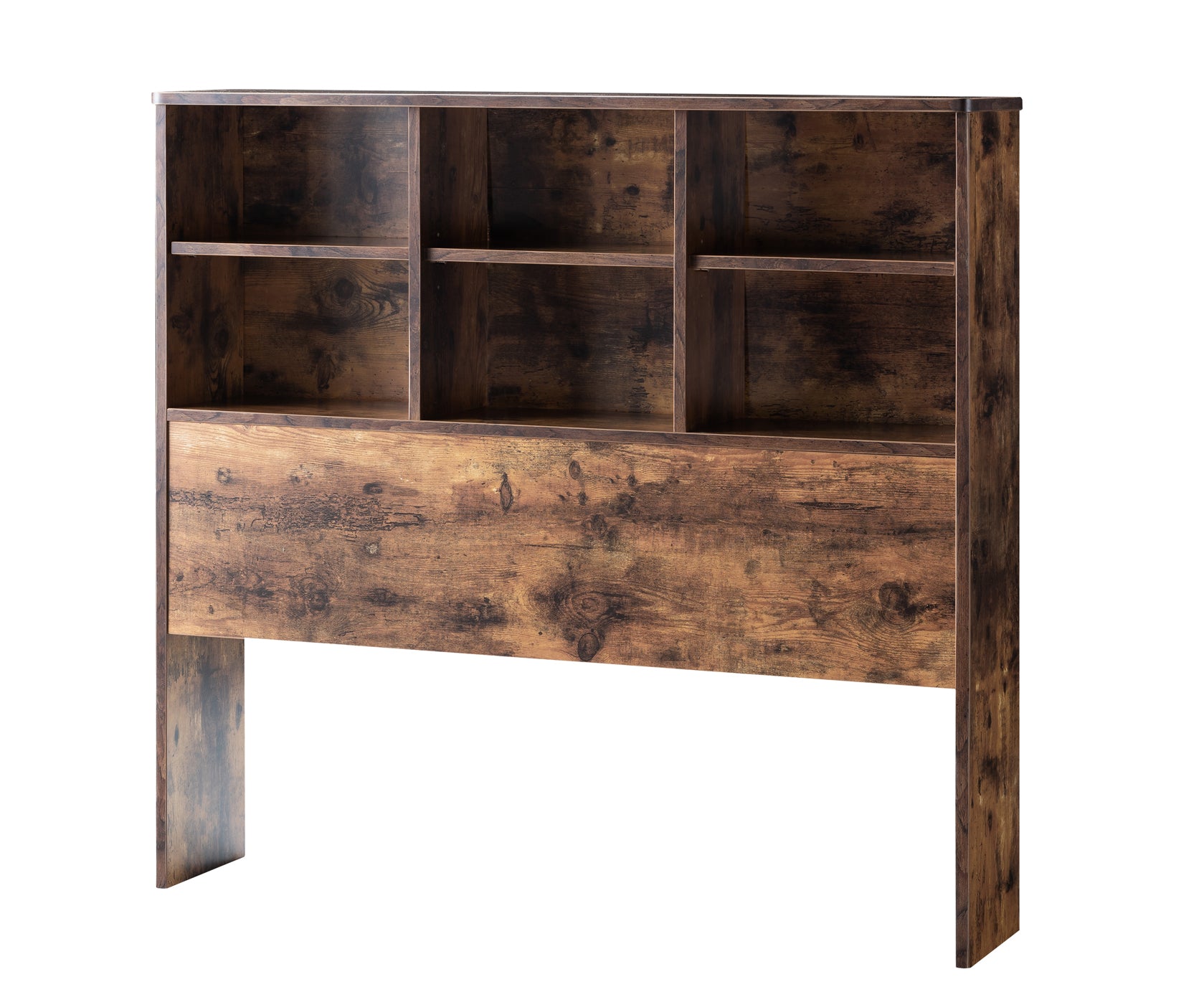 Rustic brown headboard with shelves and drawer