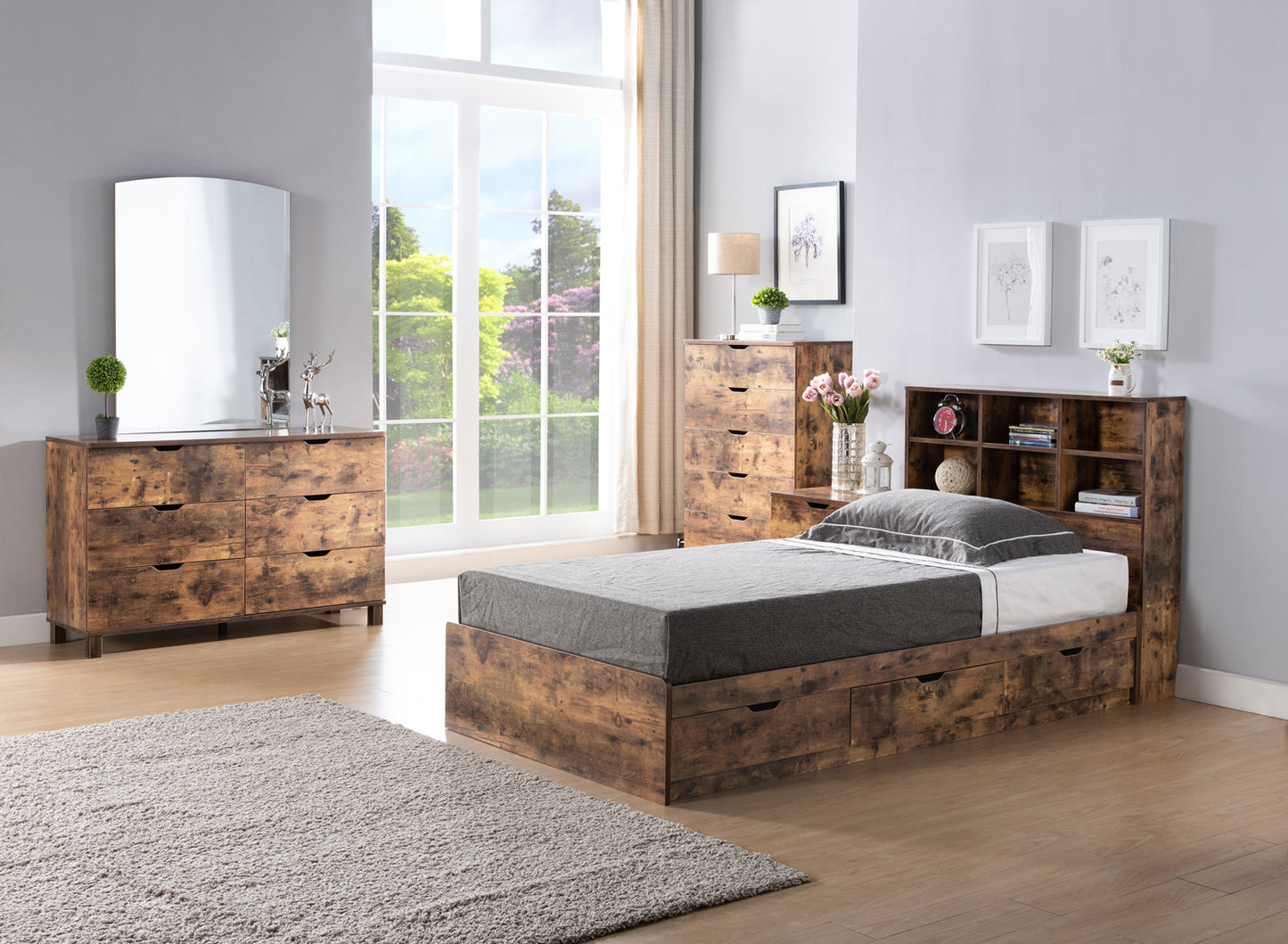 Rustic brown wooden dresser with six drawers and a large mirror