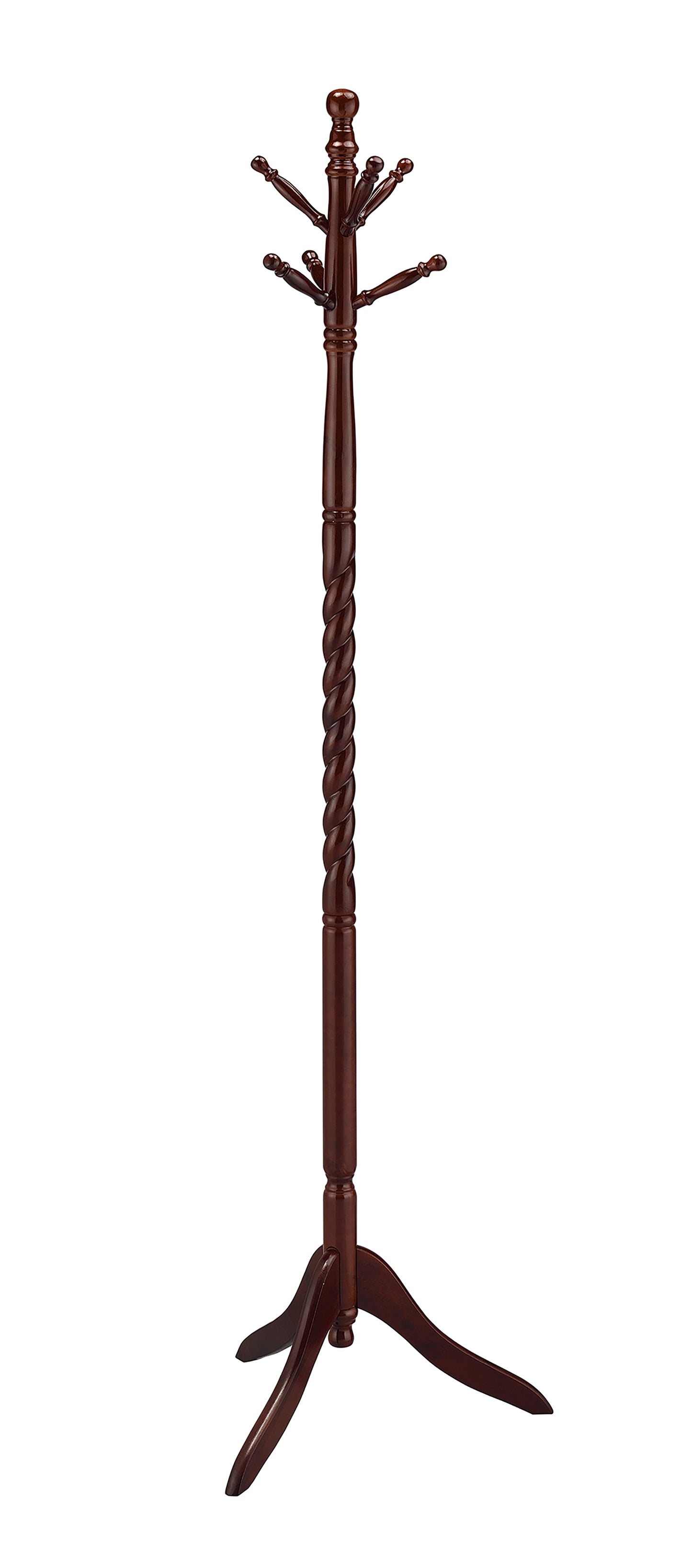 Dark brown wooden coat rack with twisted center pole and multiple hooks