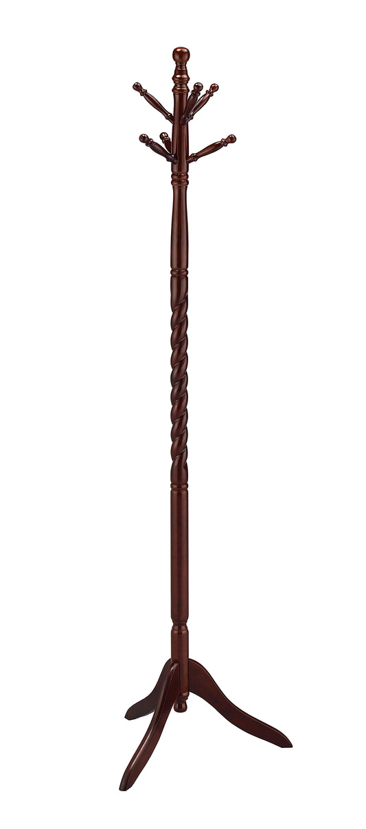 Dark brown wooden coat rack with twisted center pole and multiple hooks