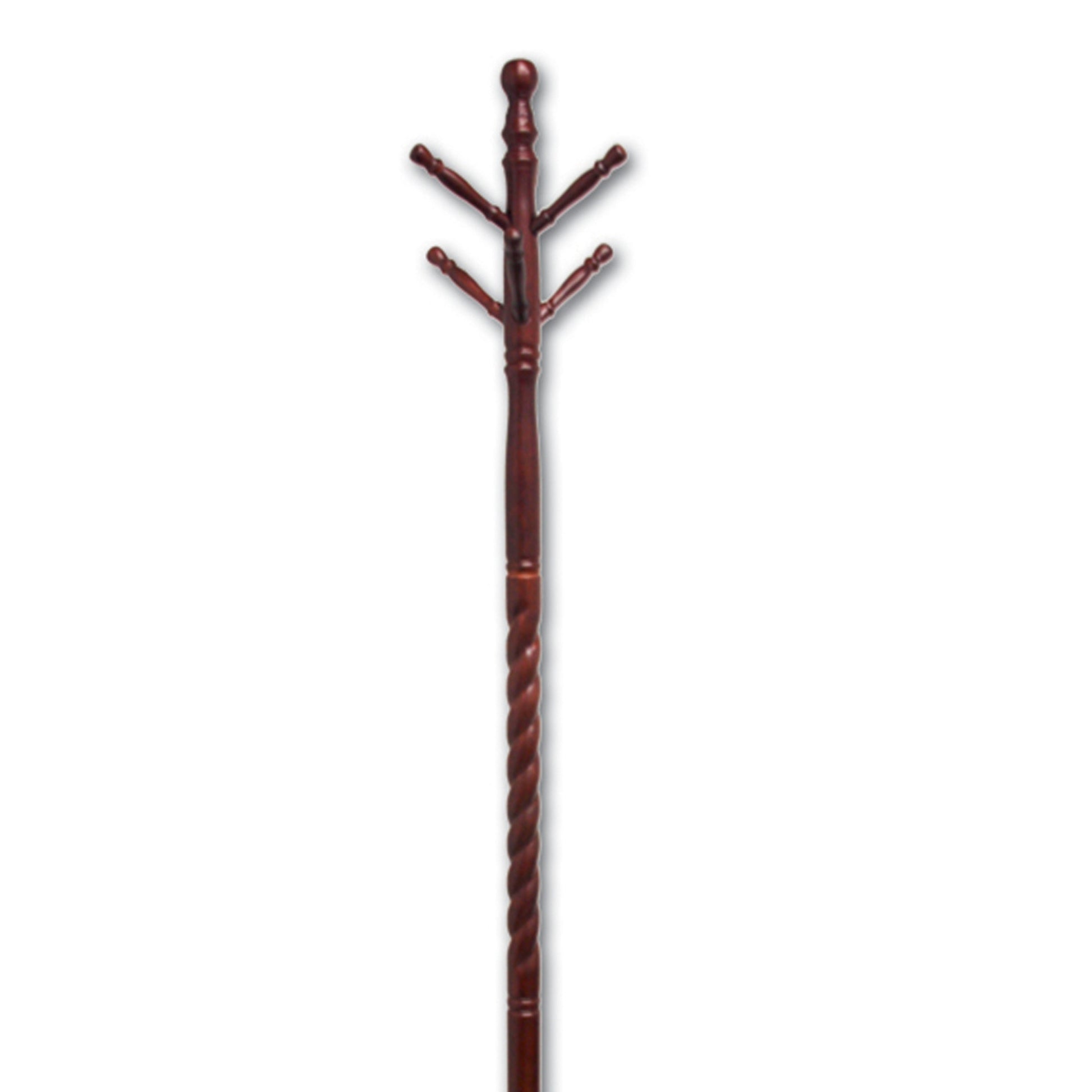 Dark brown wooden coat rack with a twisted base and five arms for hanging garments