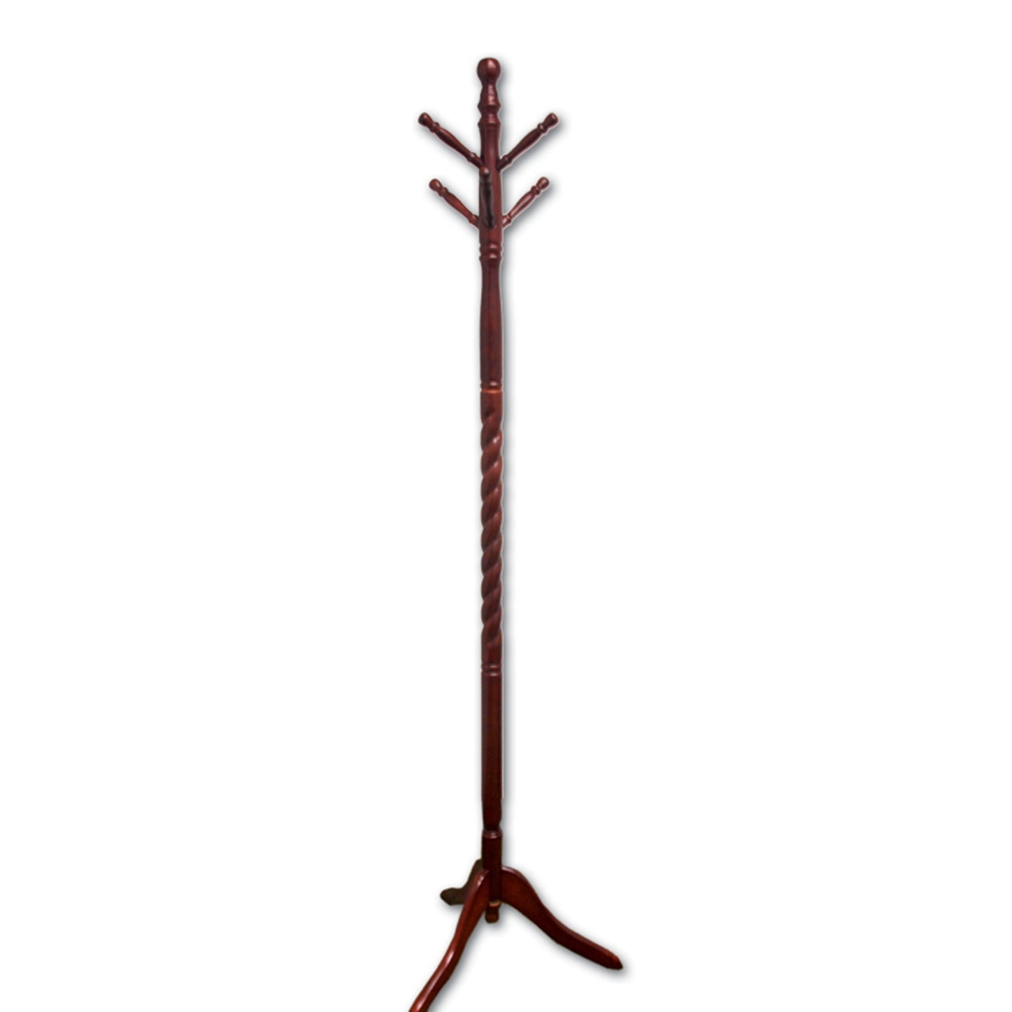 Dark wood coat rack with twisted spindle and multiple hooks