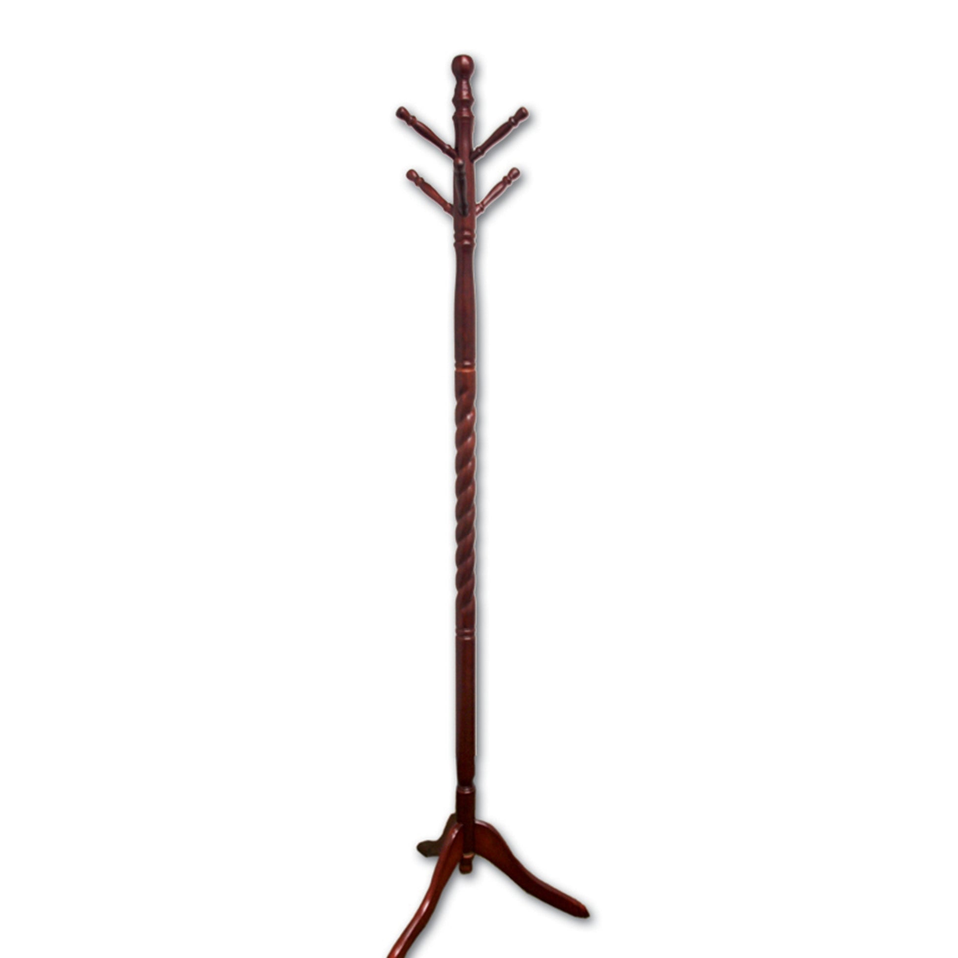 Dark wood coat rack with twisted spindle and multiple hooks