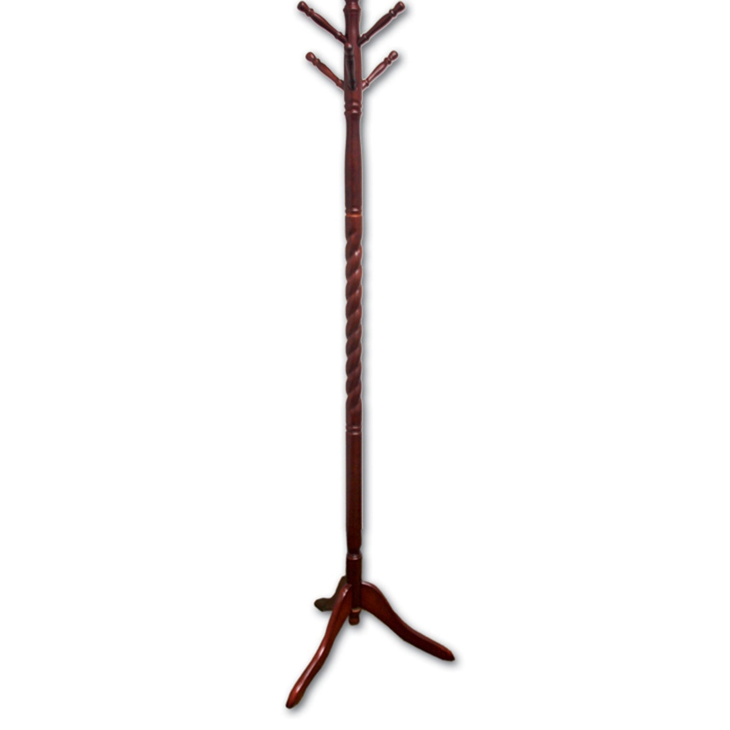 Dark wood coat rack with twisted pole and multiple hooks