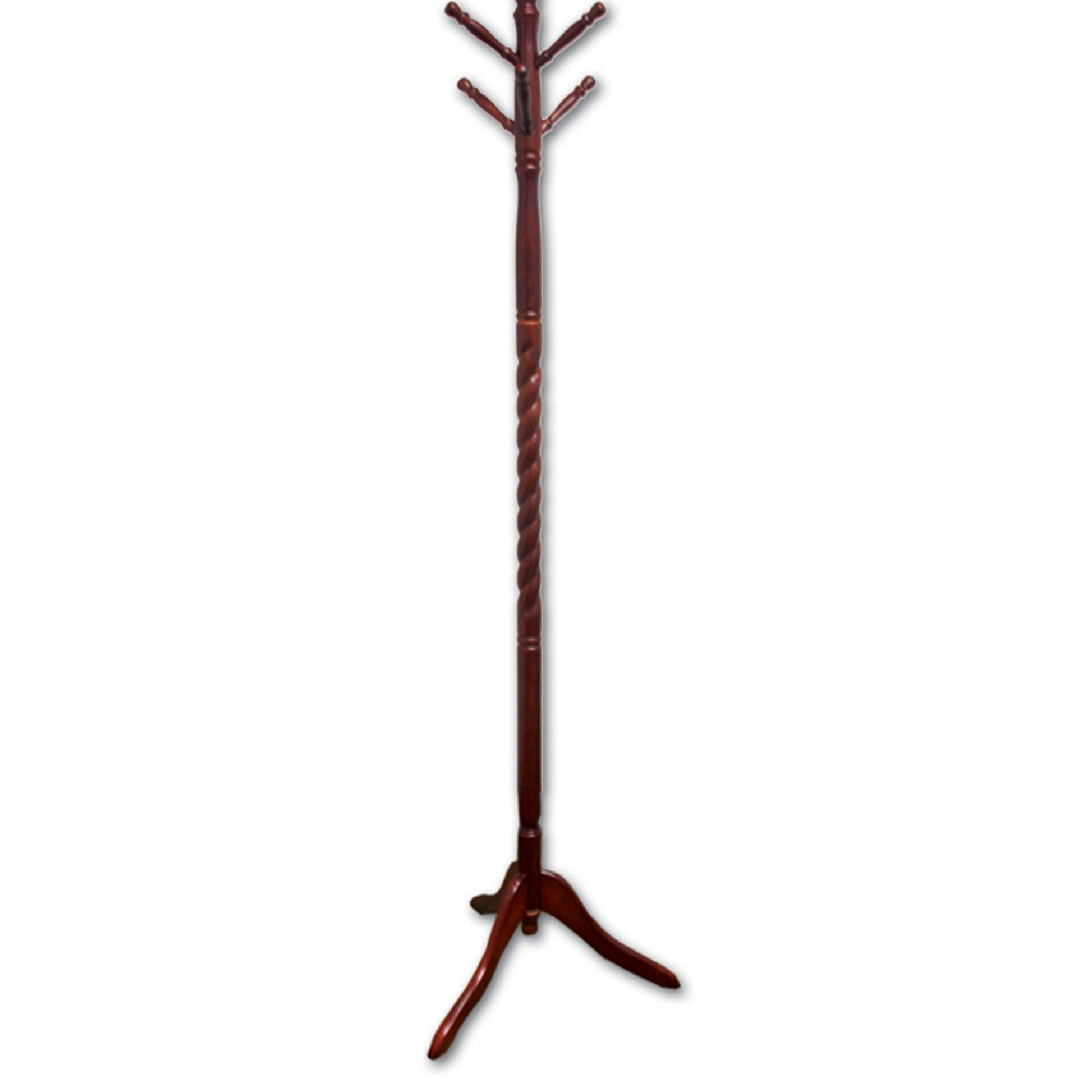 Dark wood coat rack with twisted pole and multiple hooks