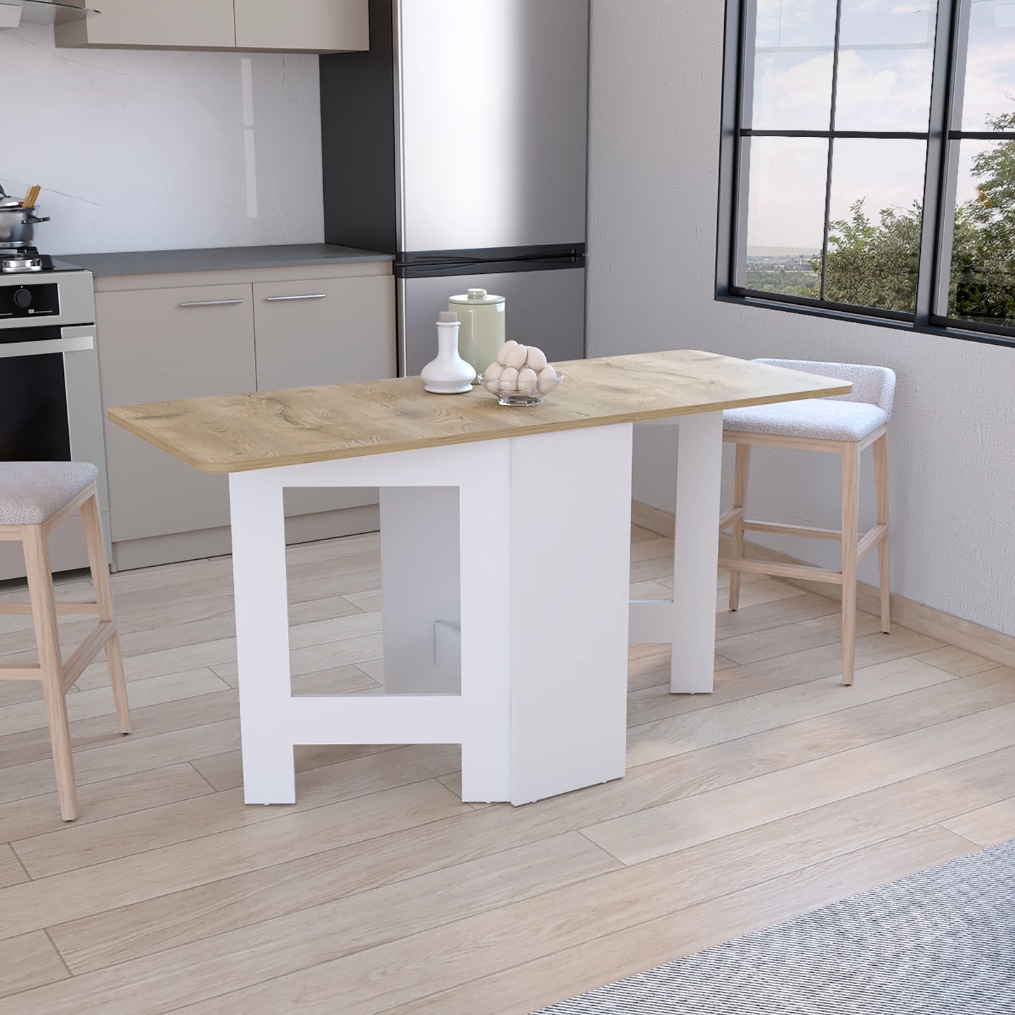 White and wood breakfast bar with stools