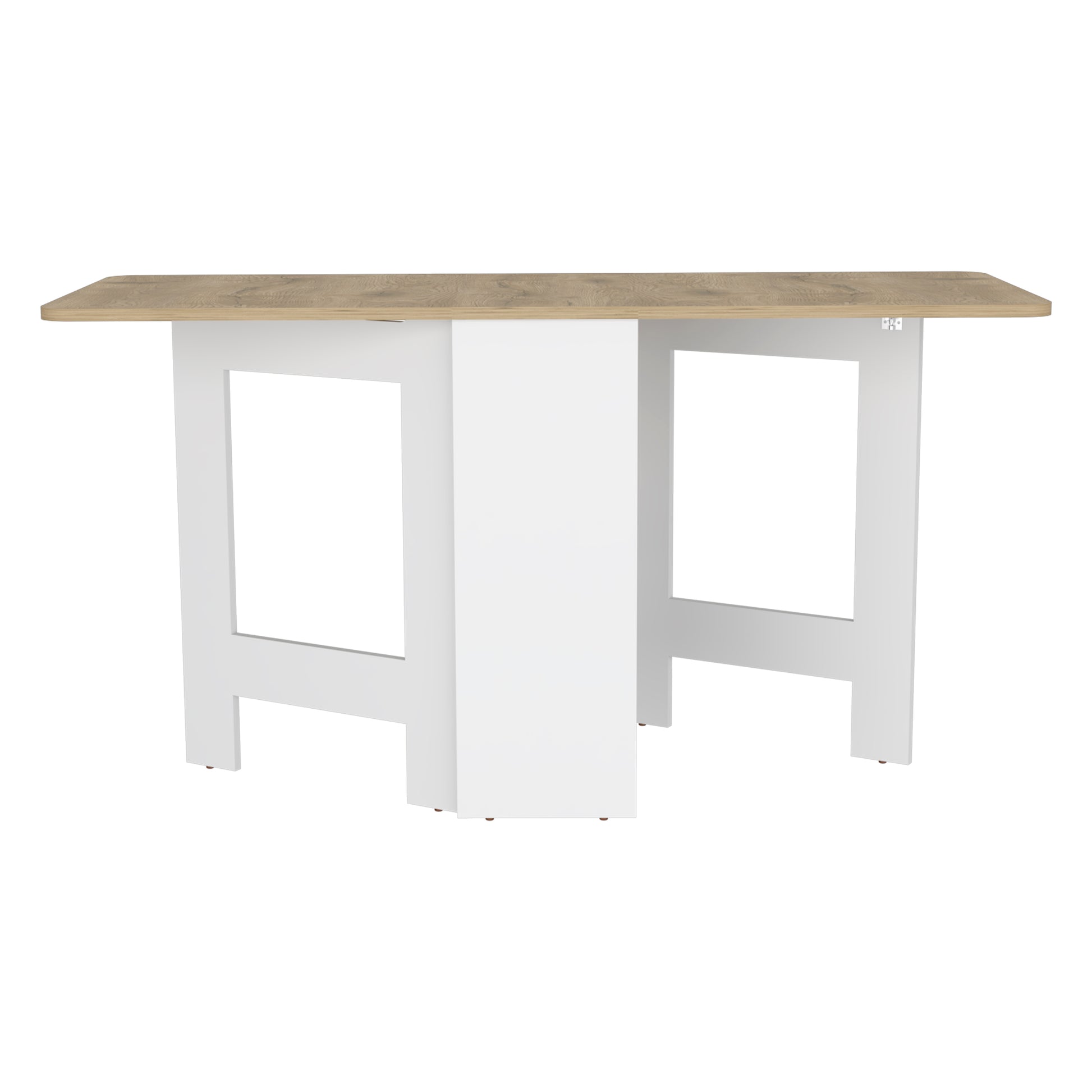 Modern white dining table with a natural wood grain laminate top