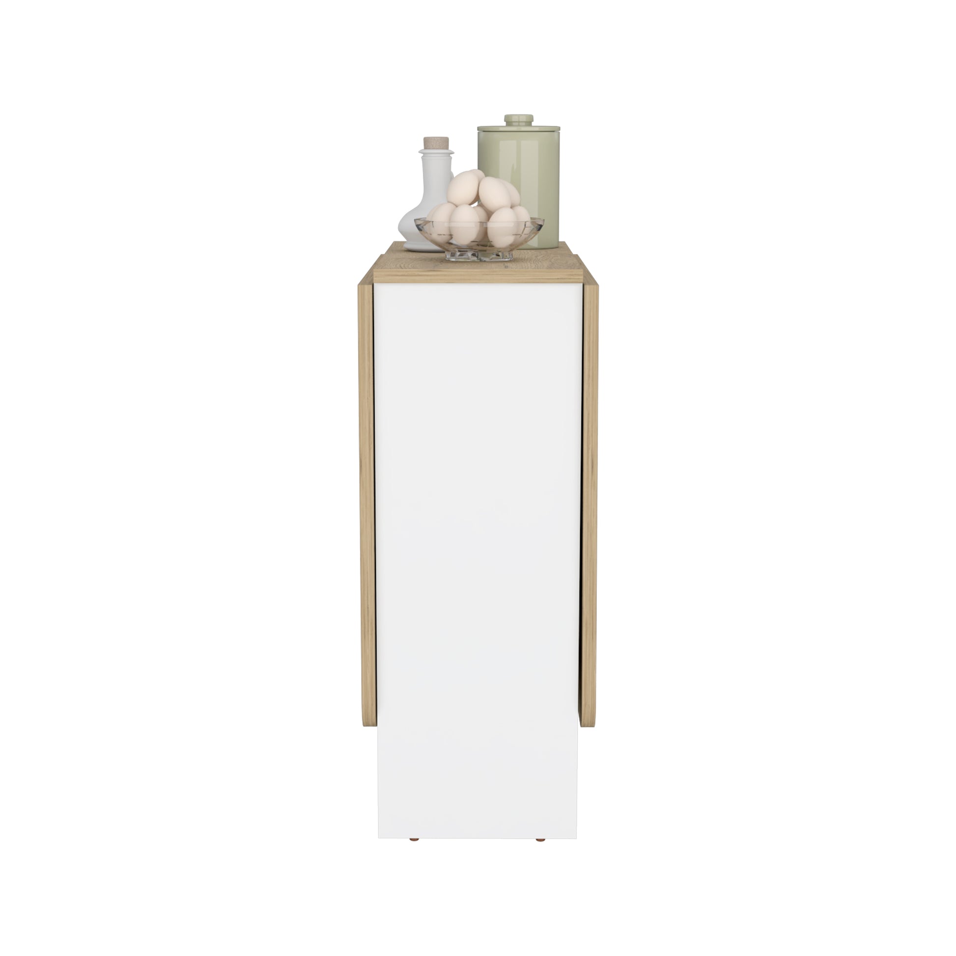White and oak narrow cabinet with a bowl of eggs on top