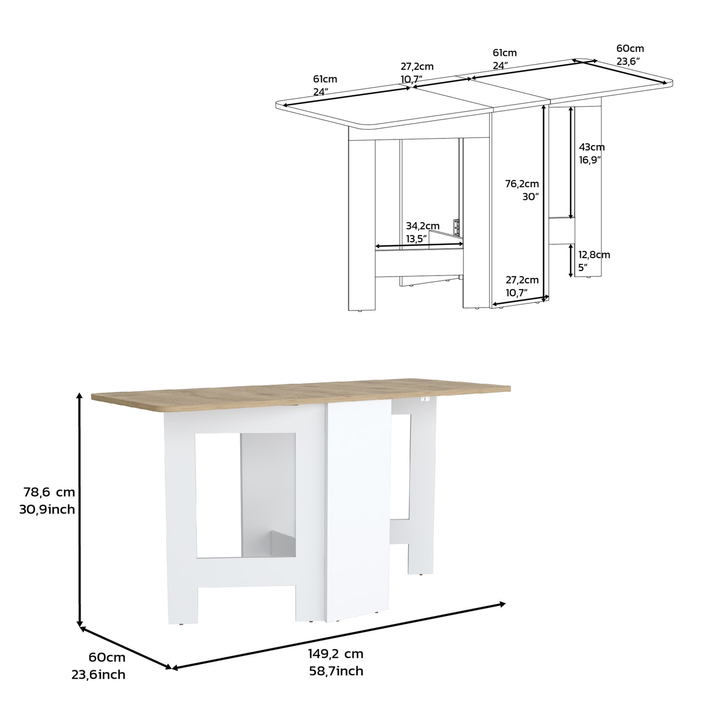 White folding dining table with oak effect top and white legs