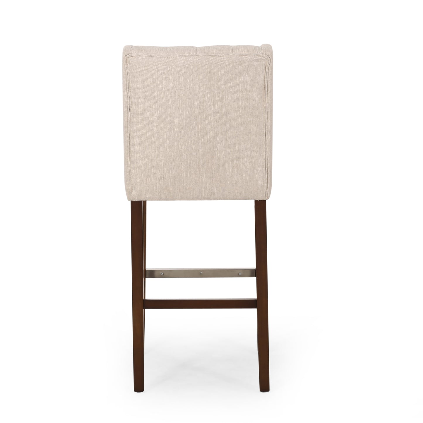 Beige upholstered bar stool with tufted back and dark wood legs