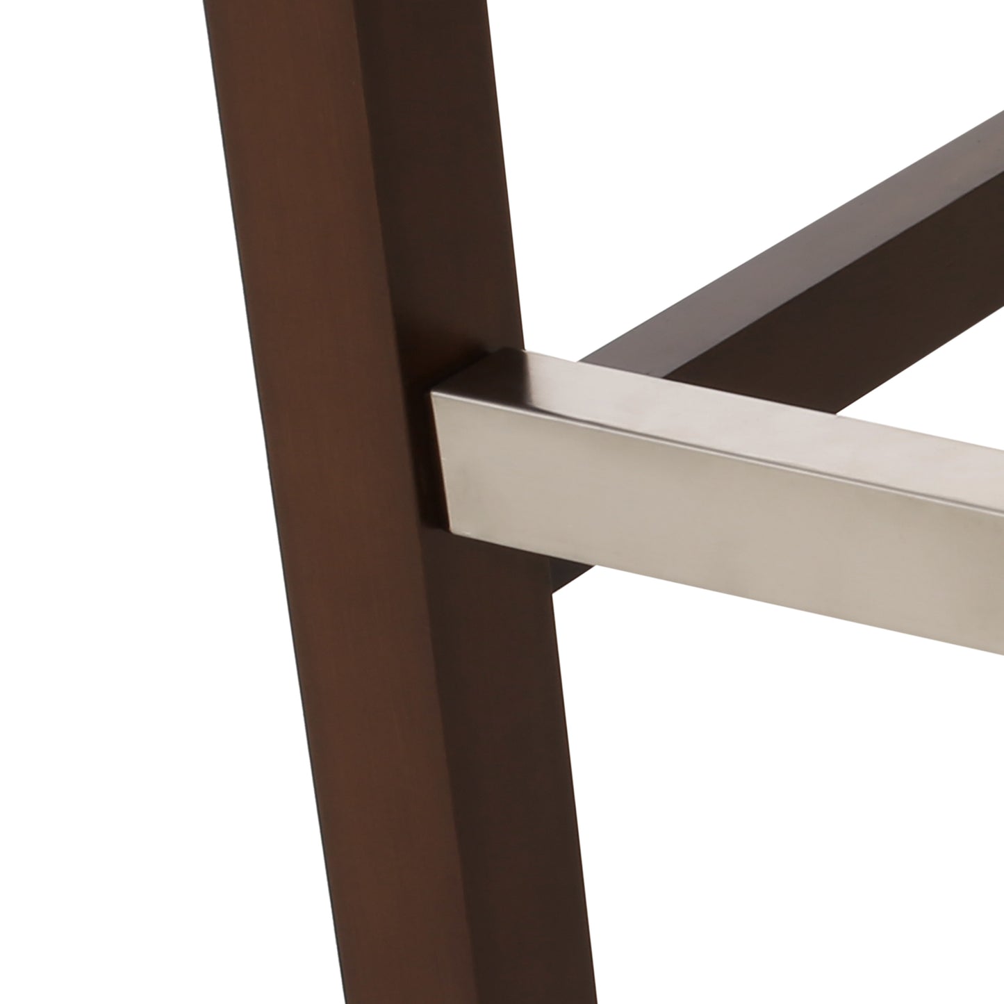 Close up of dark walnut wood bar stool leg with brushed nickel footrest