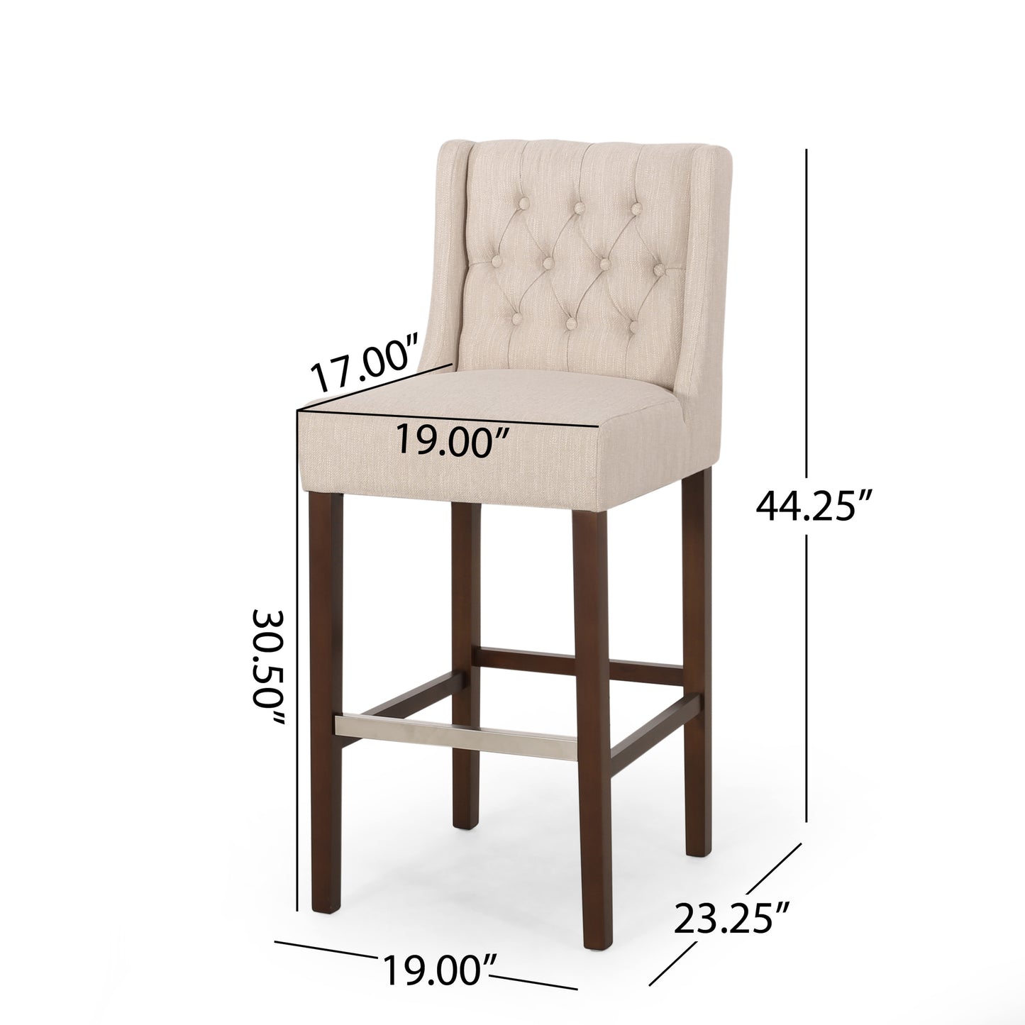 Beige linen tufted back bar stool with dark wood legs and footrest