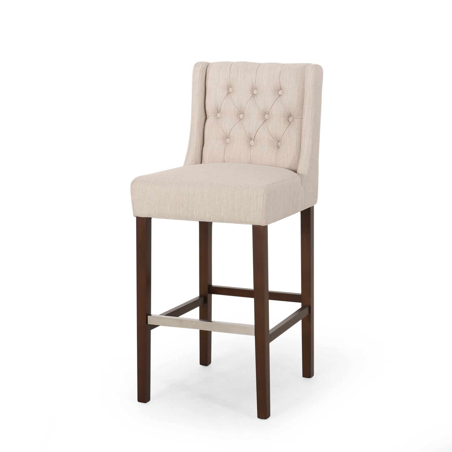 Beige linen tufted bar stool with dark wood legs
