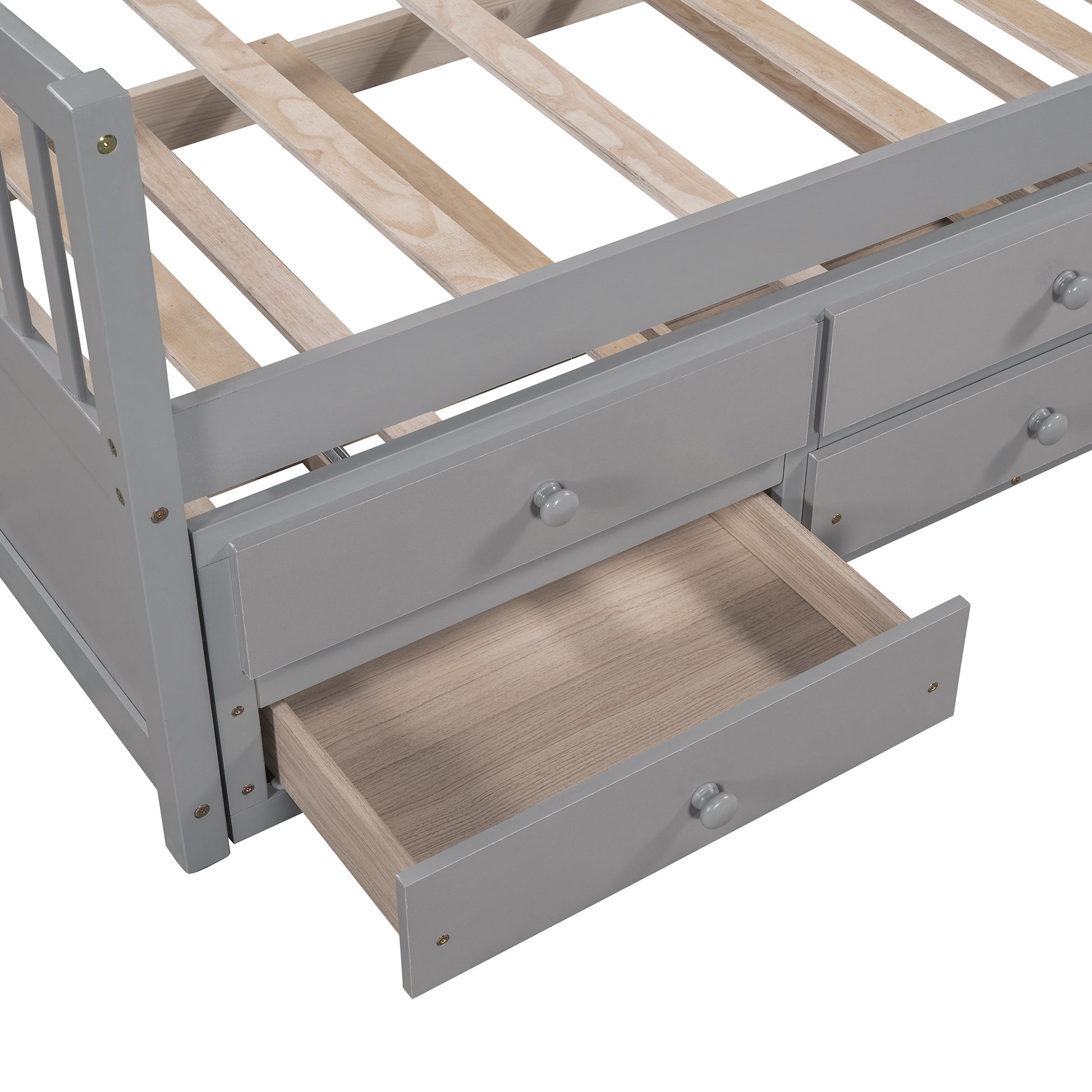 Gray twin bed frame with three drawers partially open showcasing wood interior storage