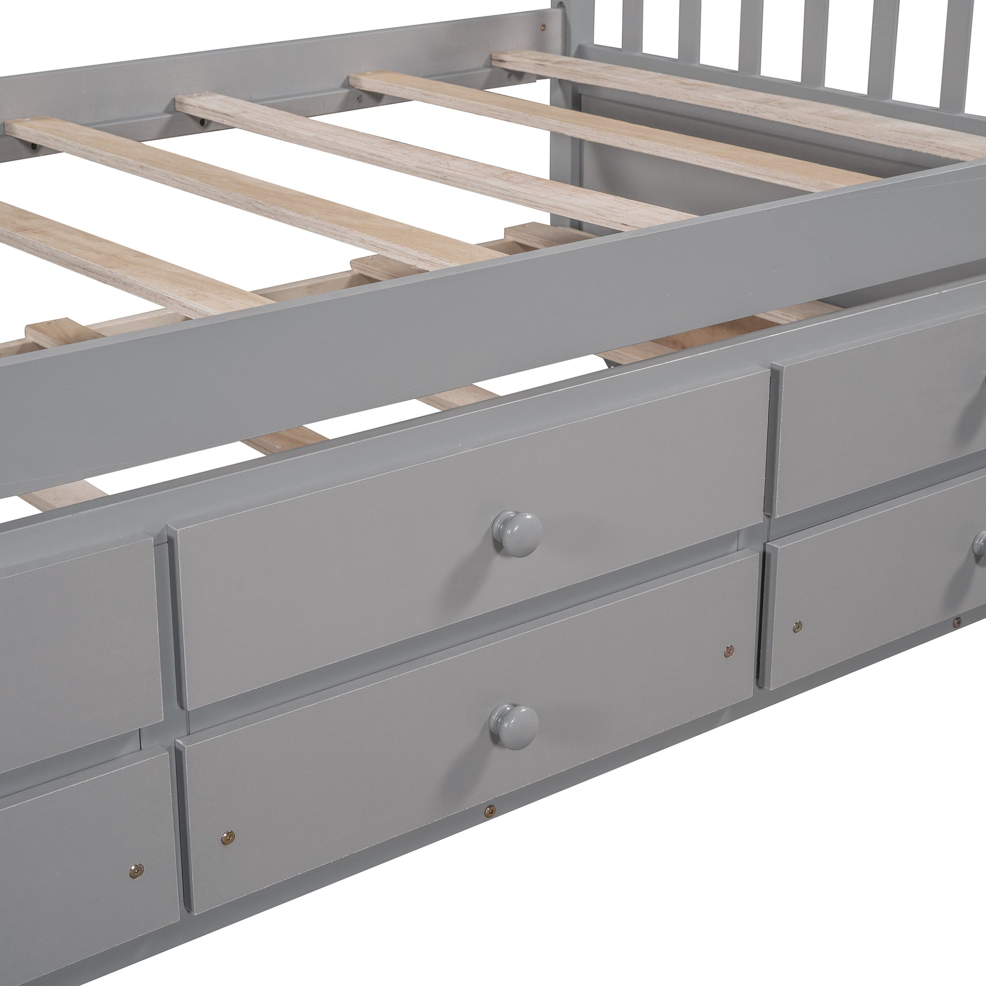 Gray wooden twin bed frame with six storage drawers