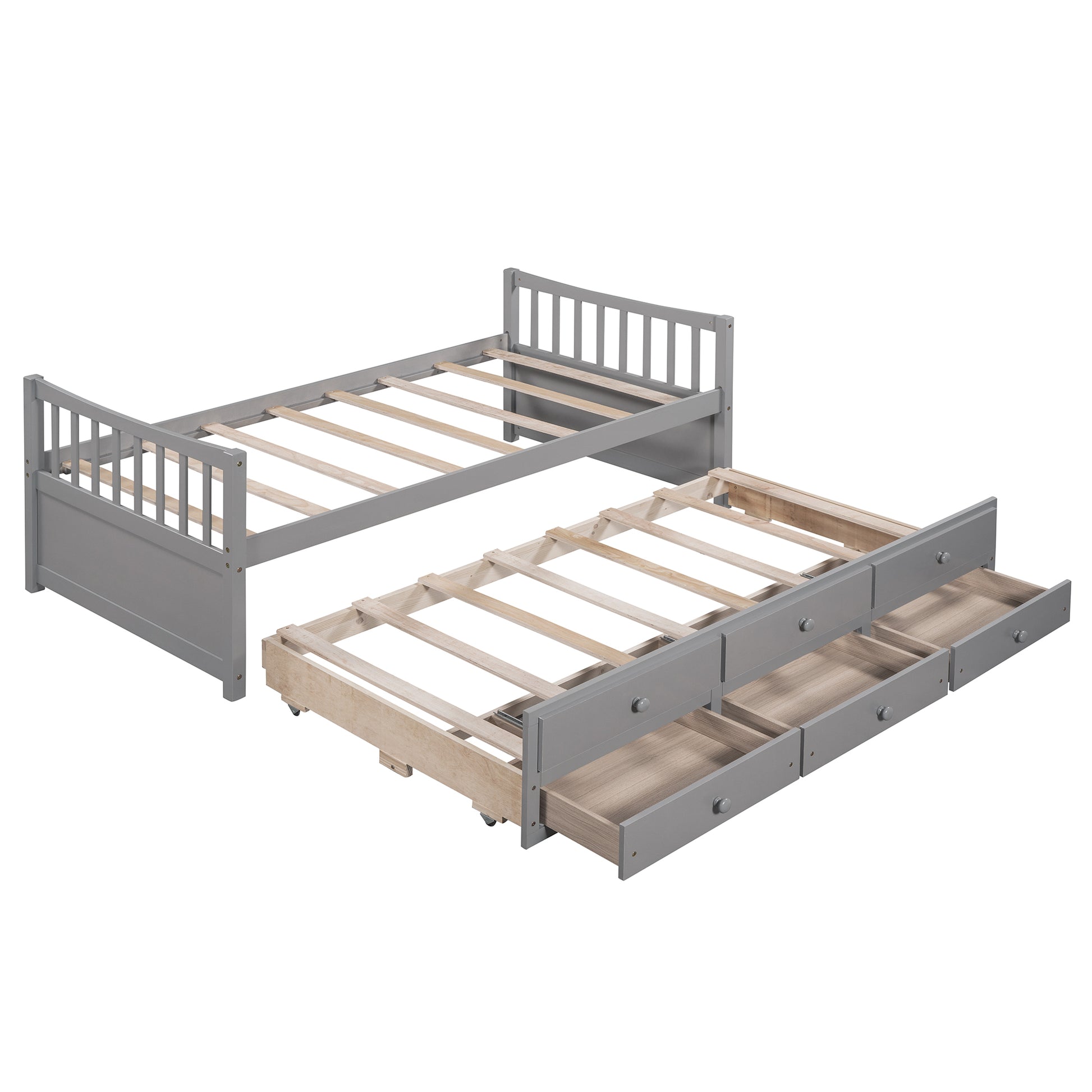 Gray twin daybed with pullout trundle and three storage drawers