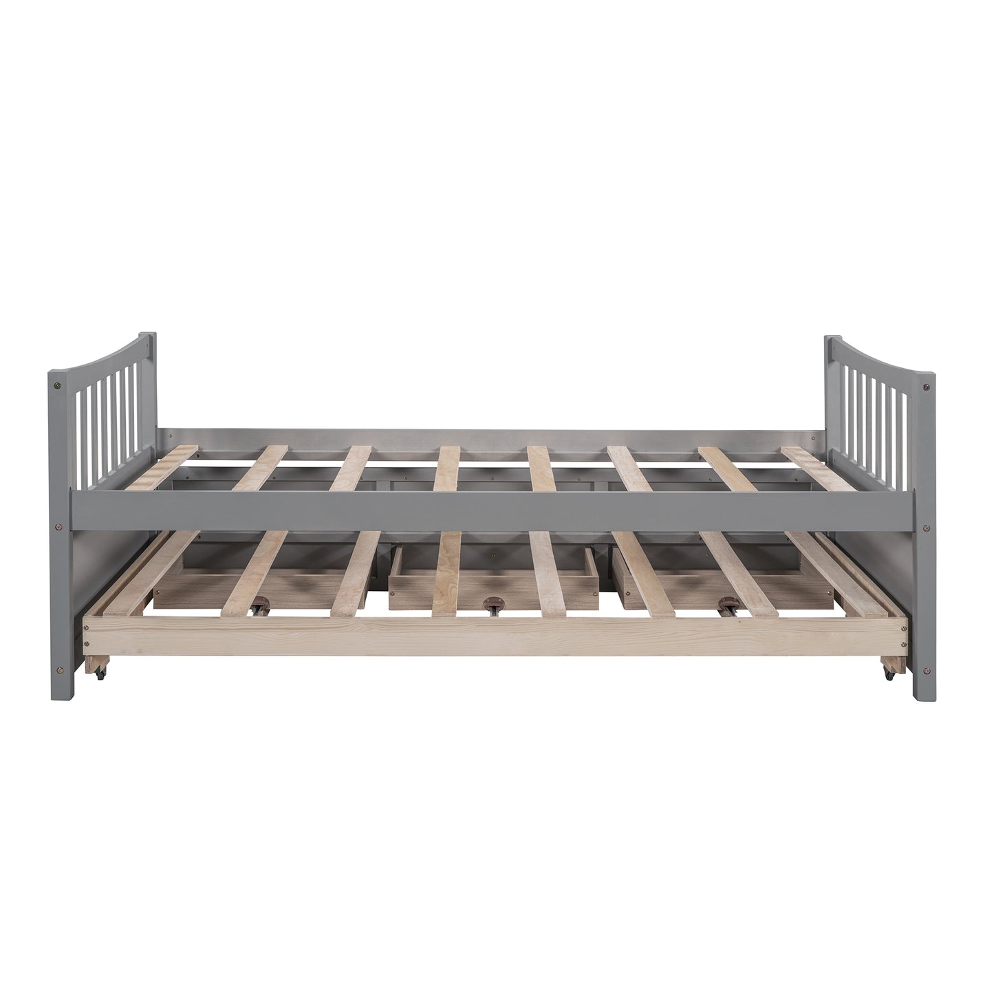 Gray wooden daybed frame with pullout trundle
