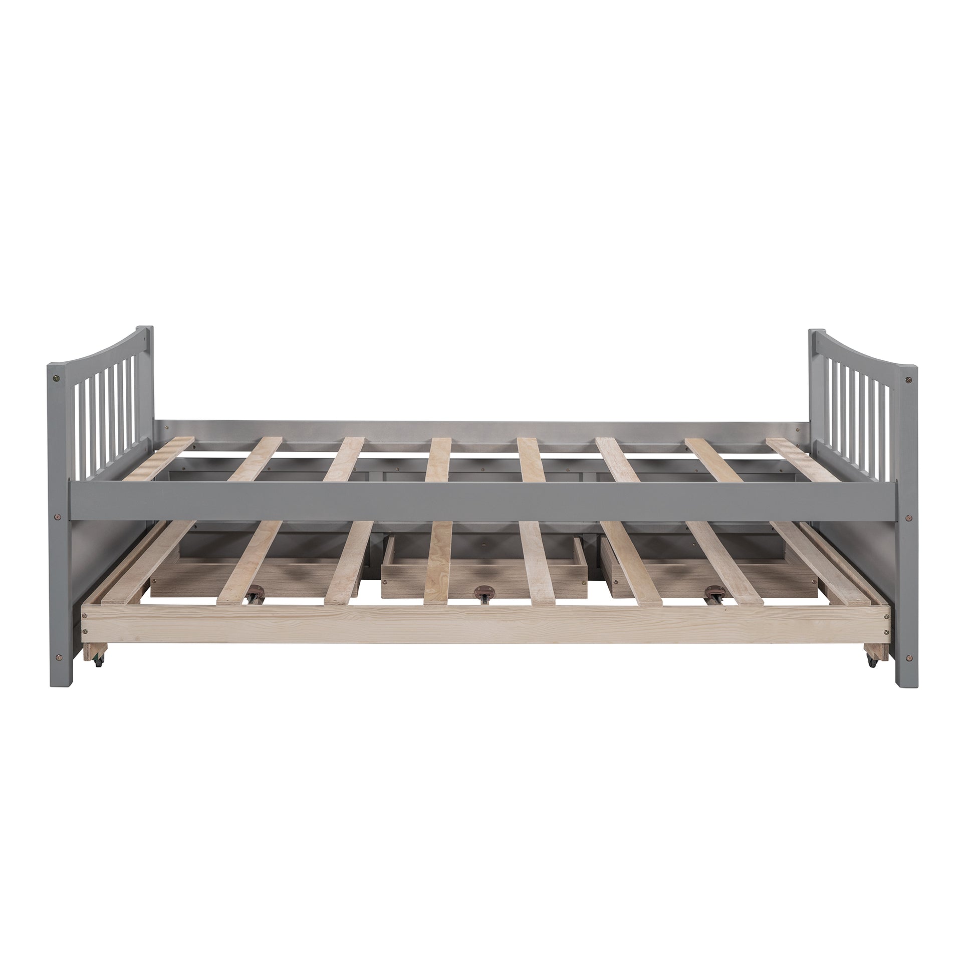 Gray wooden daybed frame with pullout trundle