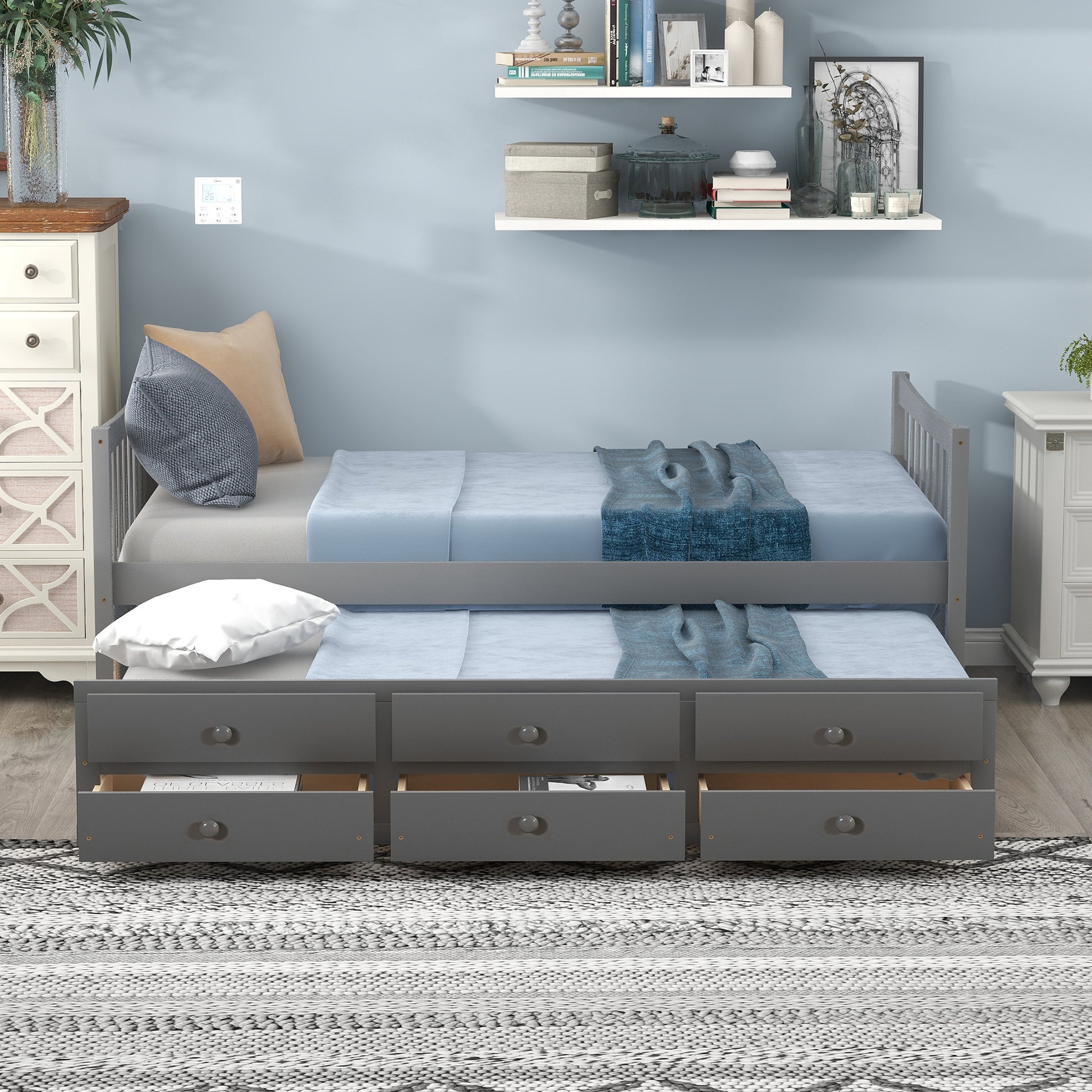 Grey daybed with pullout trundle bed and six drawers
