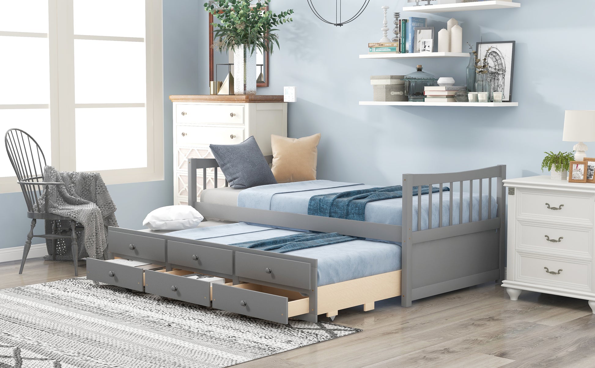 Gray wood daybed with trundle and three drawers