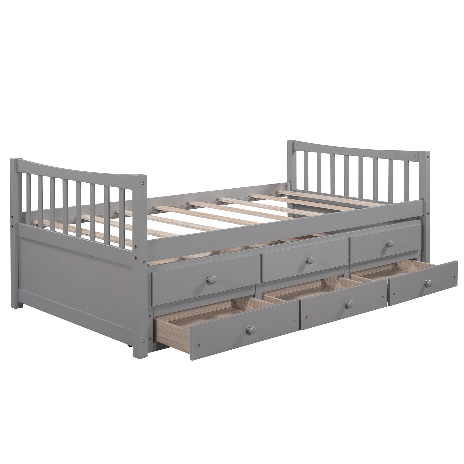Gray wooden twin daybed with six underbed storage drawers and slatted frame