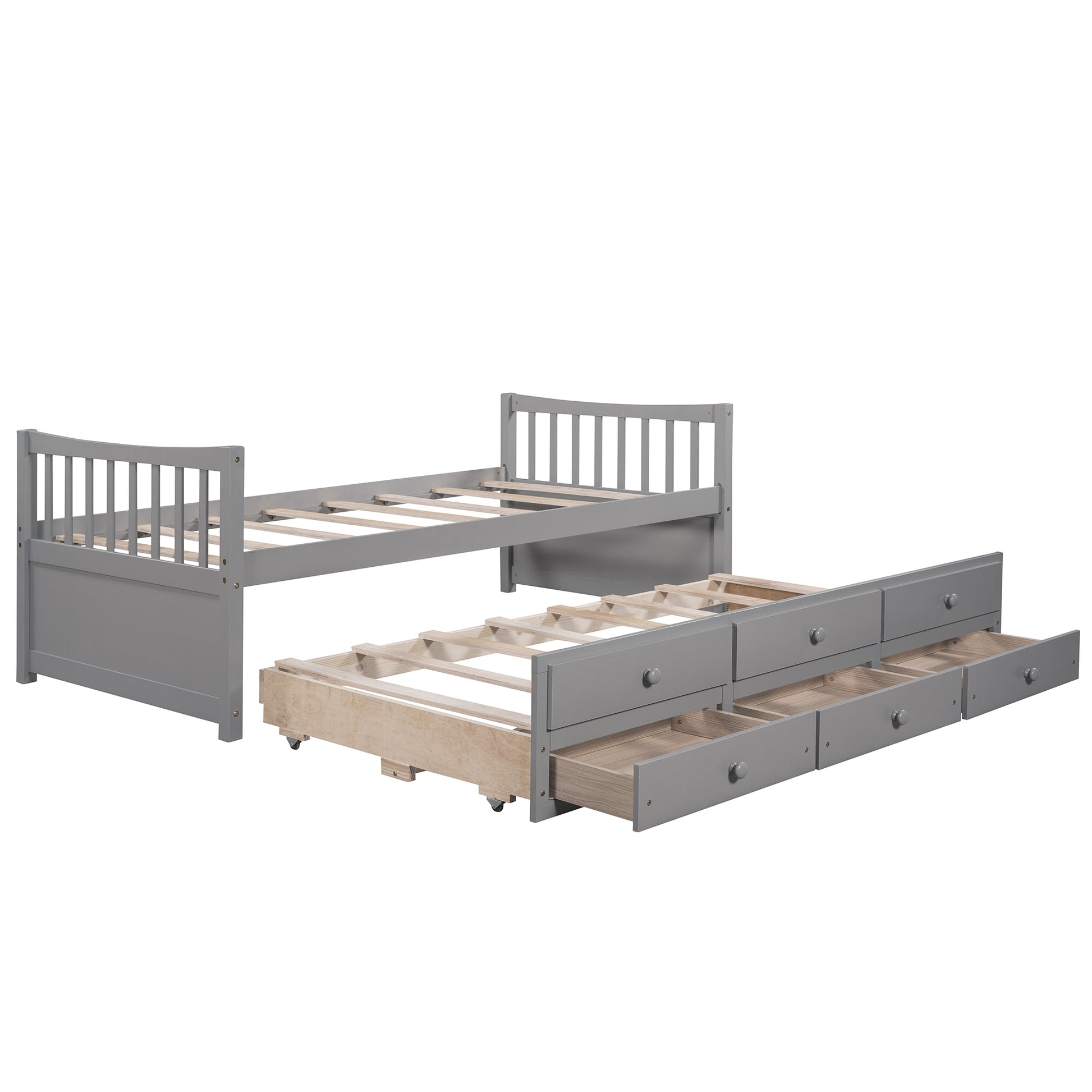 Gray wooden daybed with pullout trundle and drawers