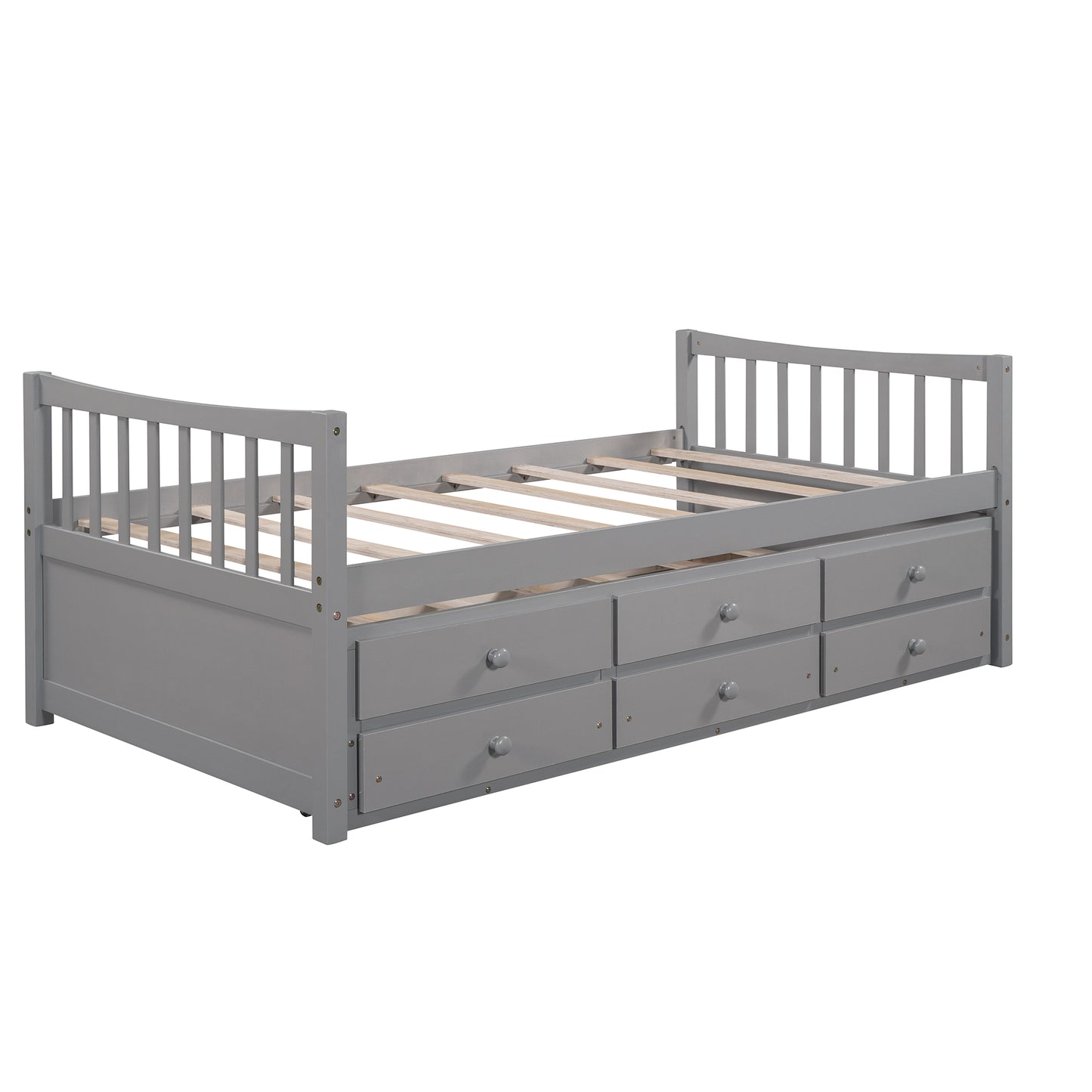 Grey wooden daybed with six storage drawers and slatted support