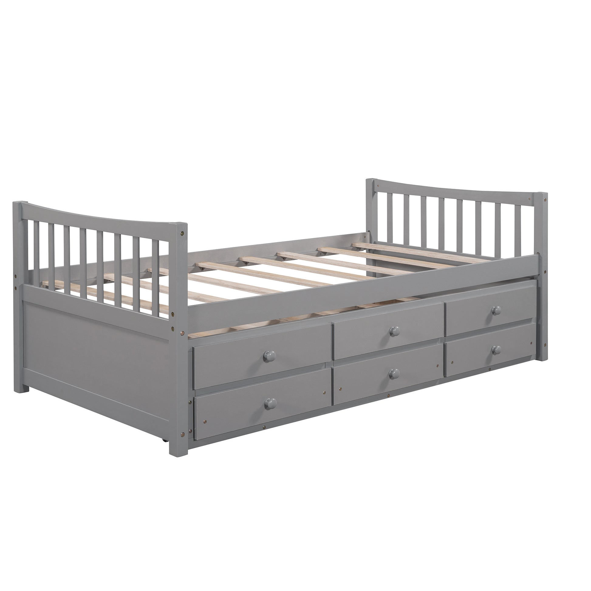 Grey wooden daybed with six storage drawers and slatted support